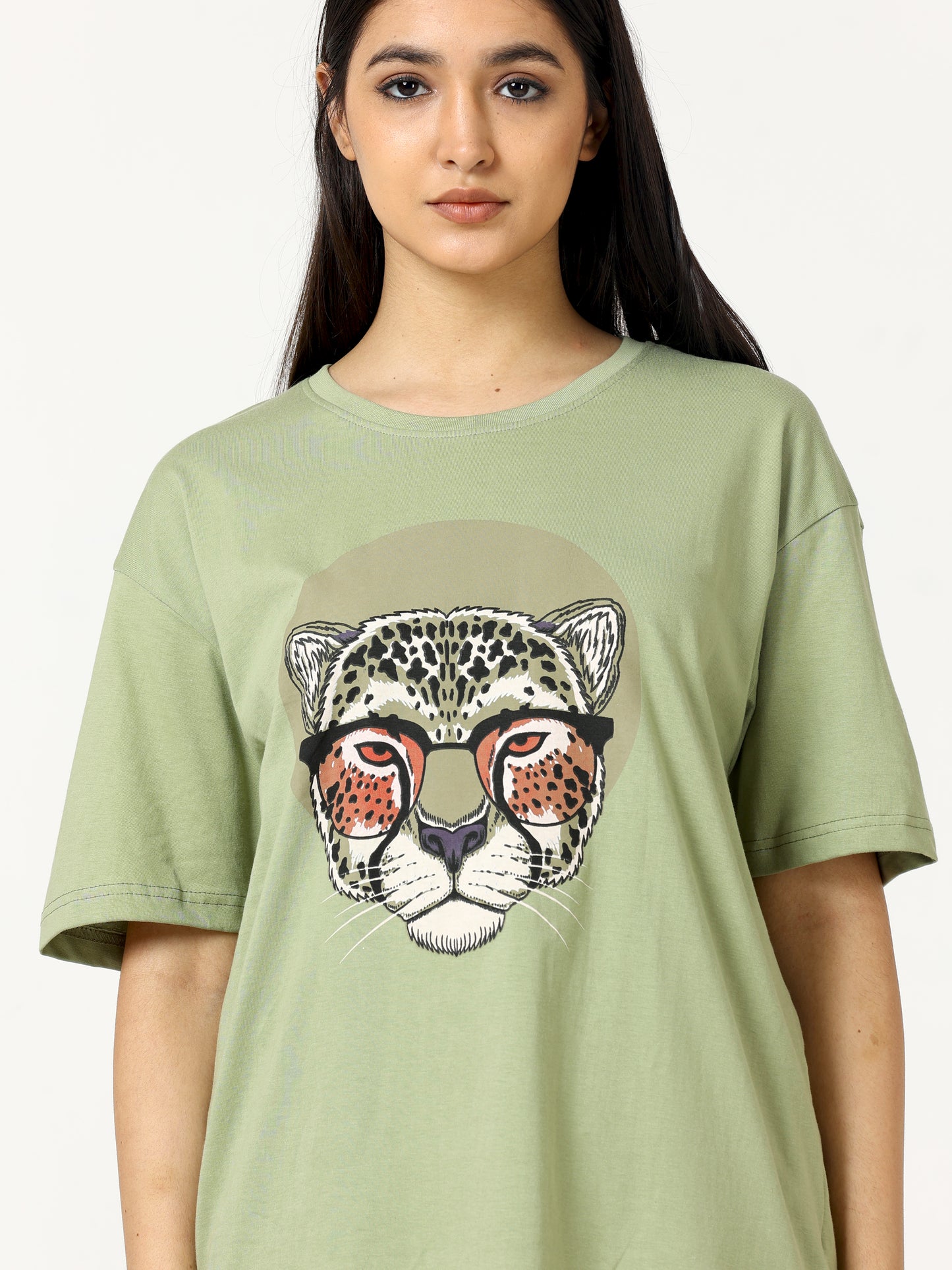 Sea Green Leopard Face Printed Oversized T-shirt - UNISEX