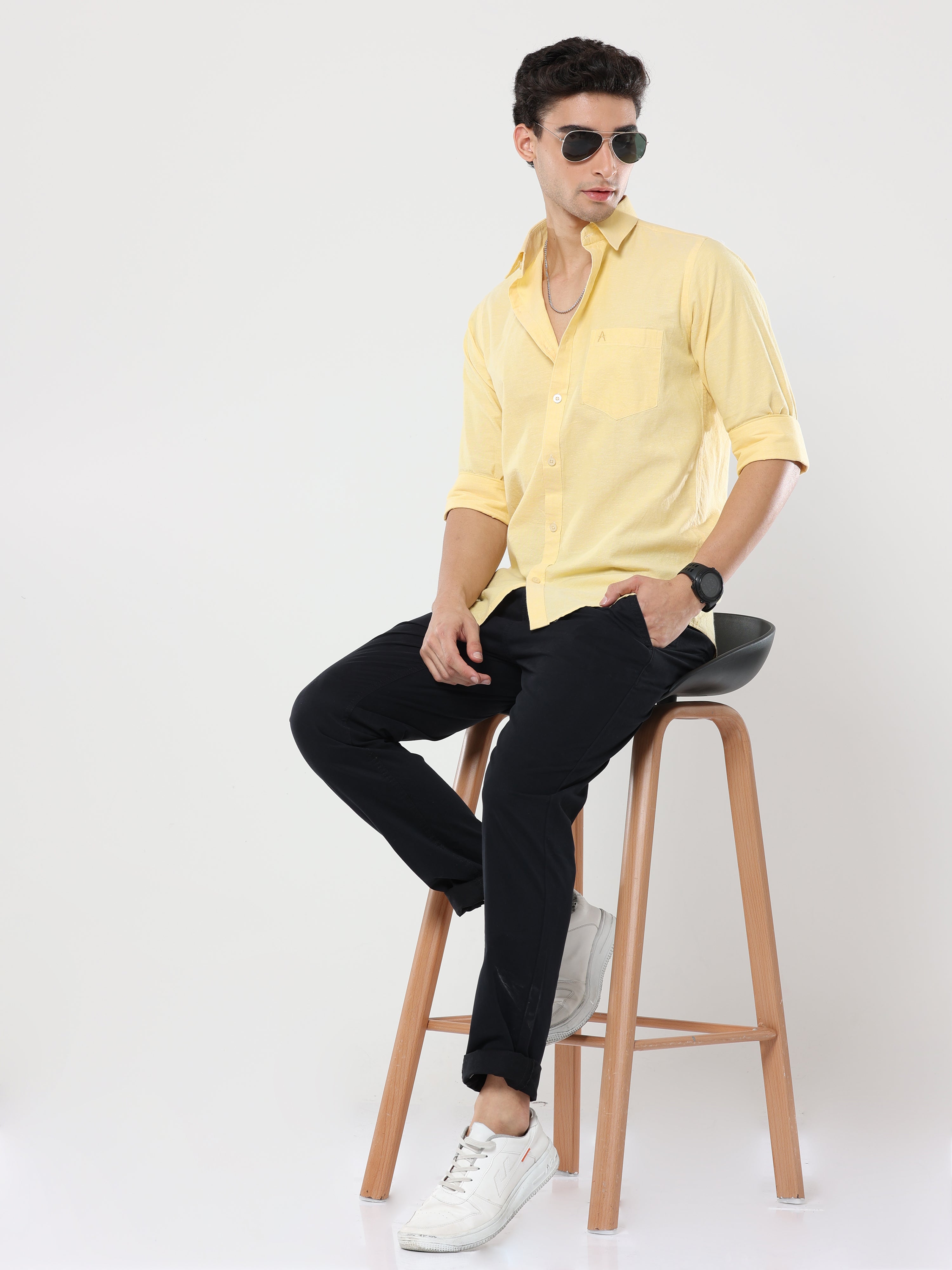 Lemon Yellow Plain premium Cotton linen shirt with pocket for men