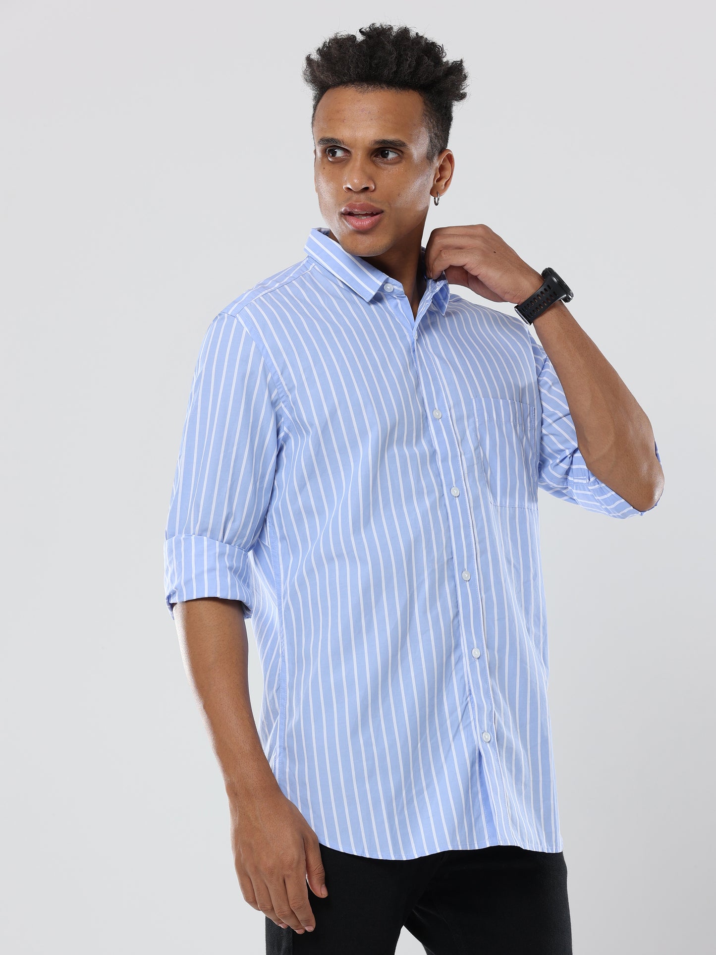white- light blue striped Premium cotton Formal Shirt for men