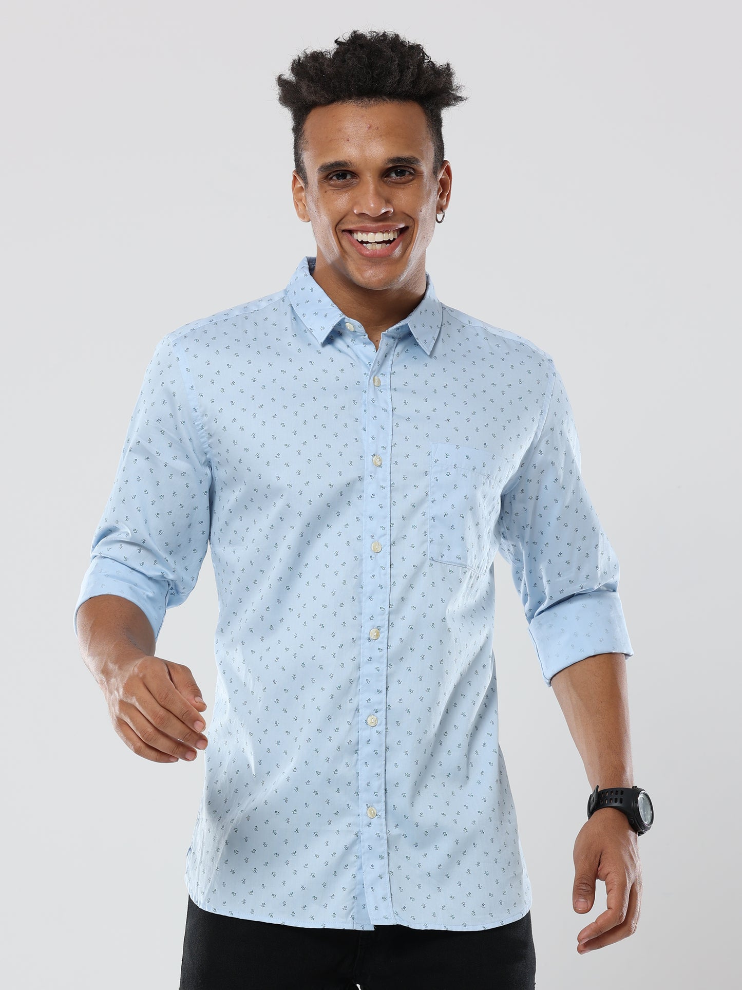 Flower bunch printed light blue premium cotton formal shirt for men