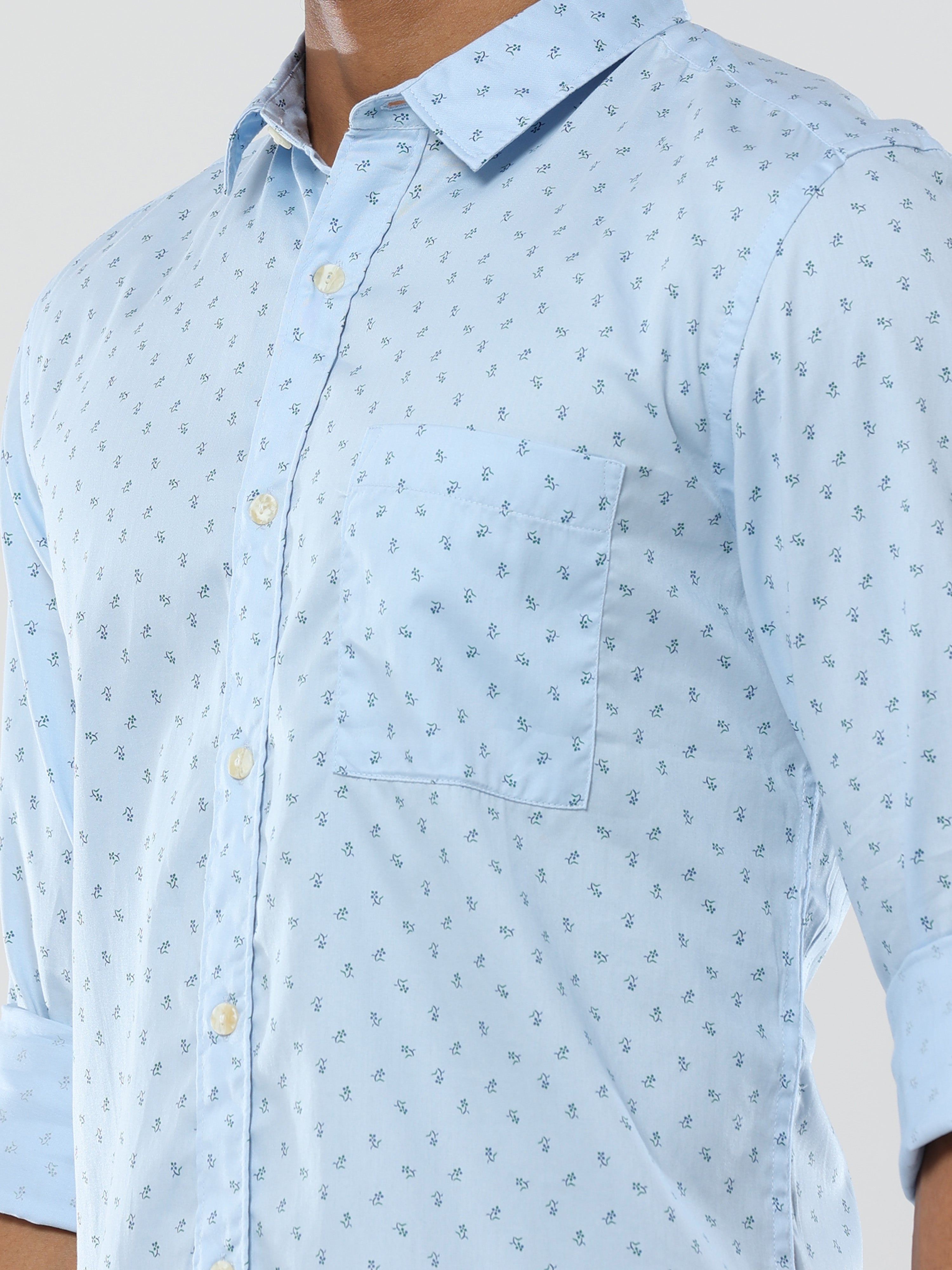 Flower bunch printed light blue premium cotton formal shirt for men