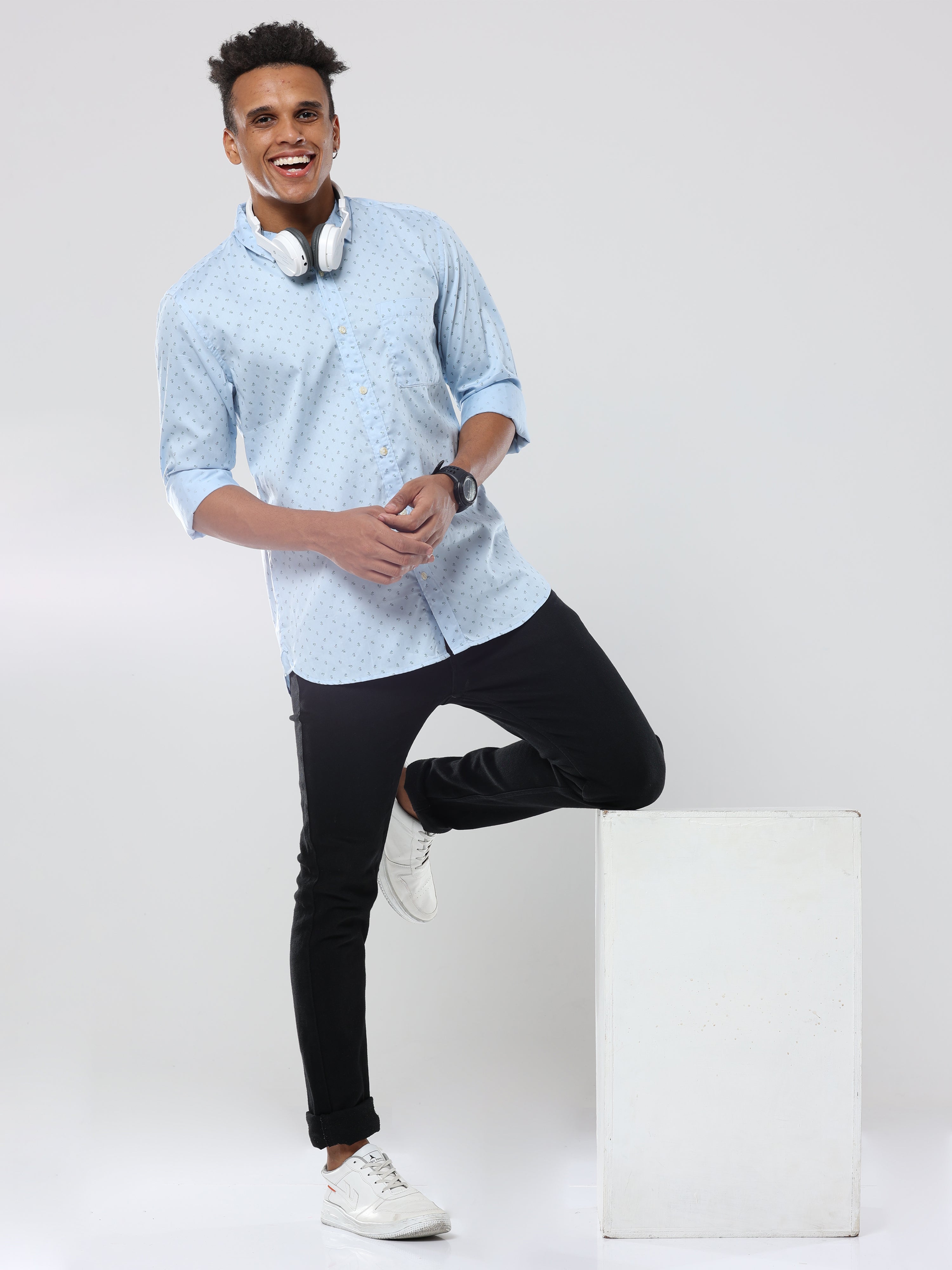 Flower bunch printed light blue premium cotton formal shirt for men