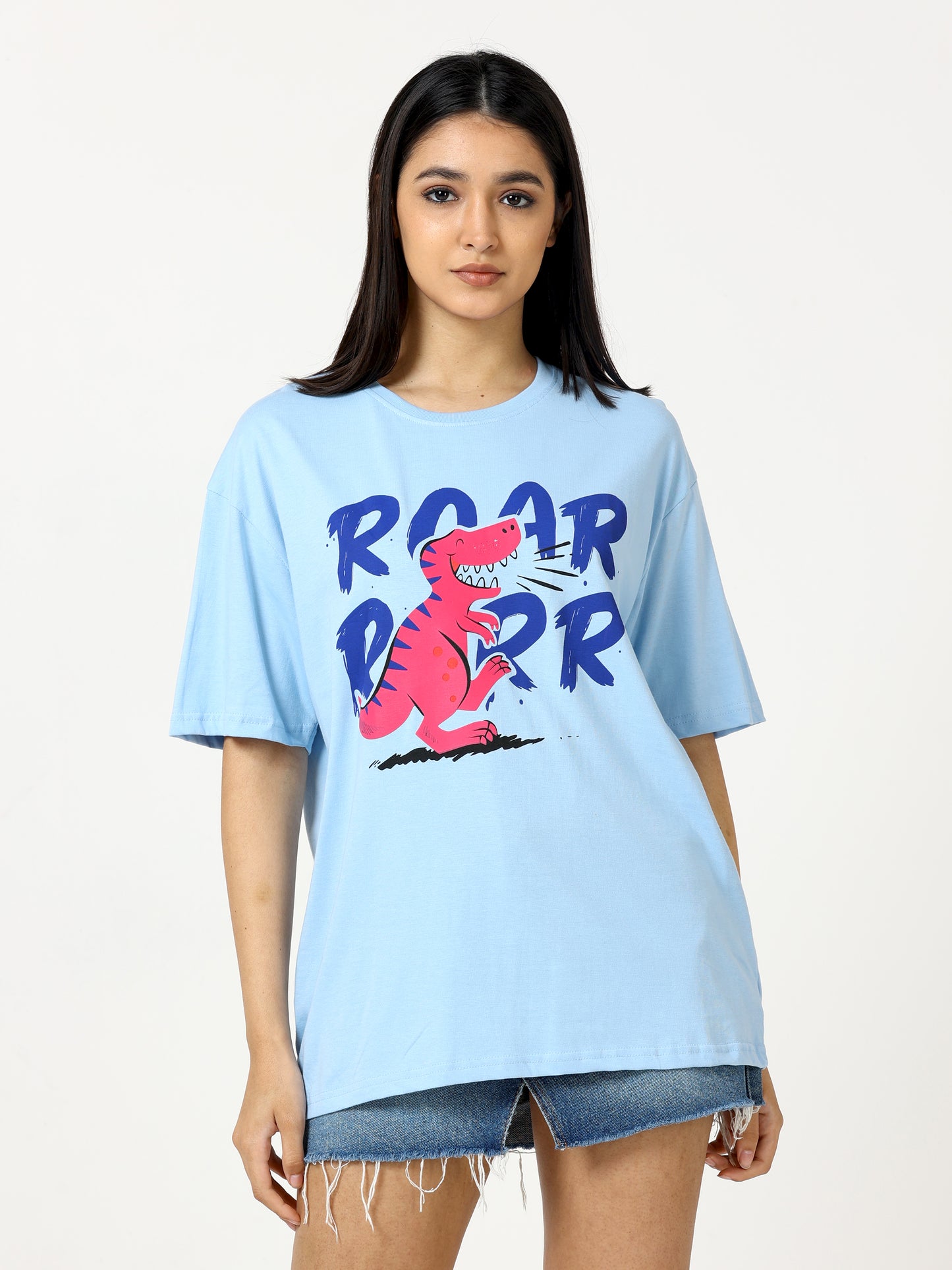Light Blue Roar Dinosaur Printed Oversized T-shirt - UNISEX