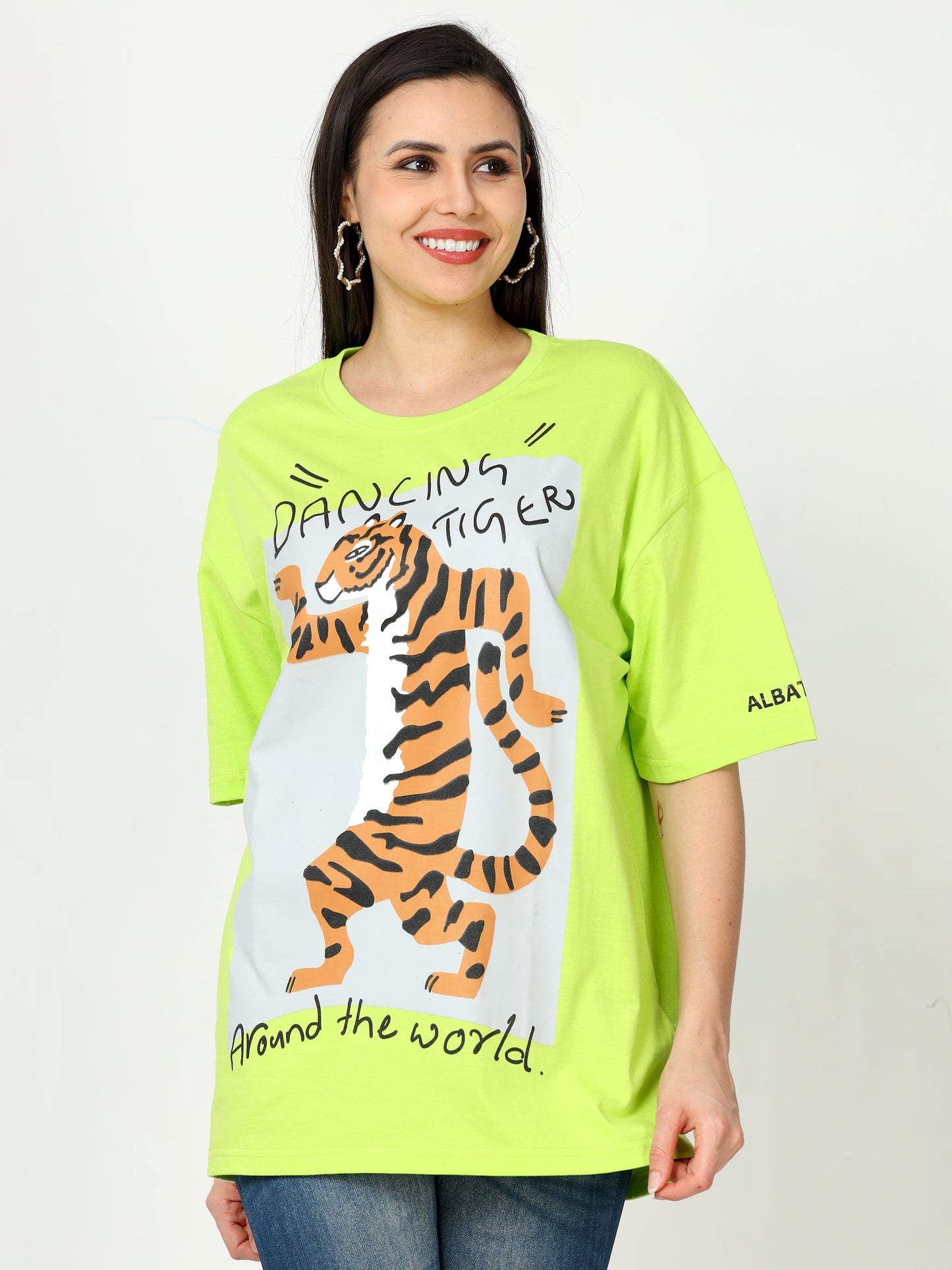 Neon Green dancing tiger Printed Oversized T-shirt for Women