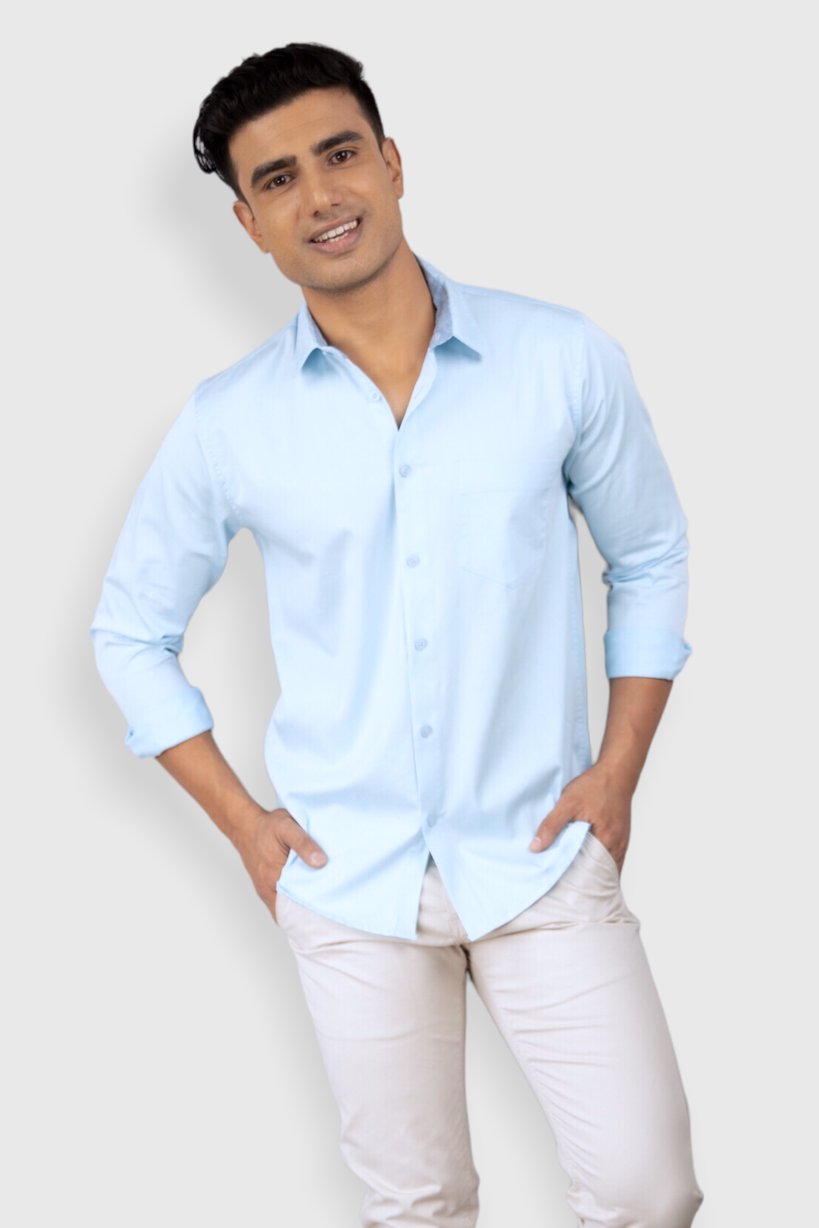 Powder Blue Plain premium Cotton satin shirt with pocket for men