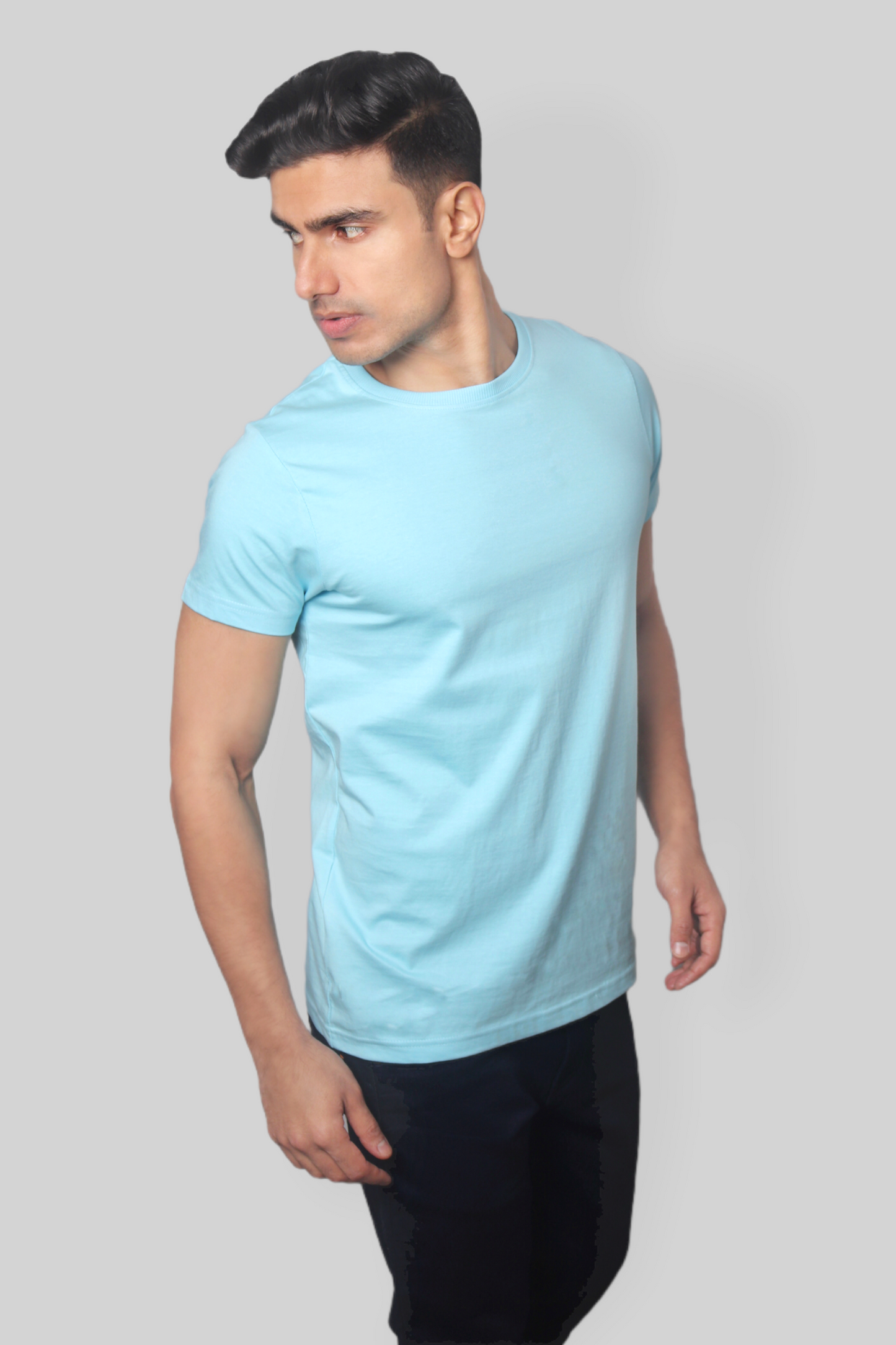 Solid Light blue plain Round Neck Cotton Tshirt for men