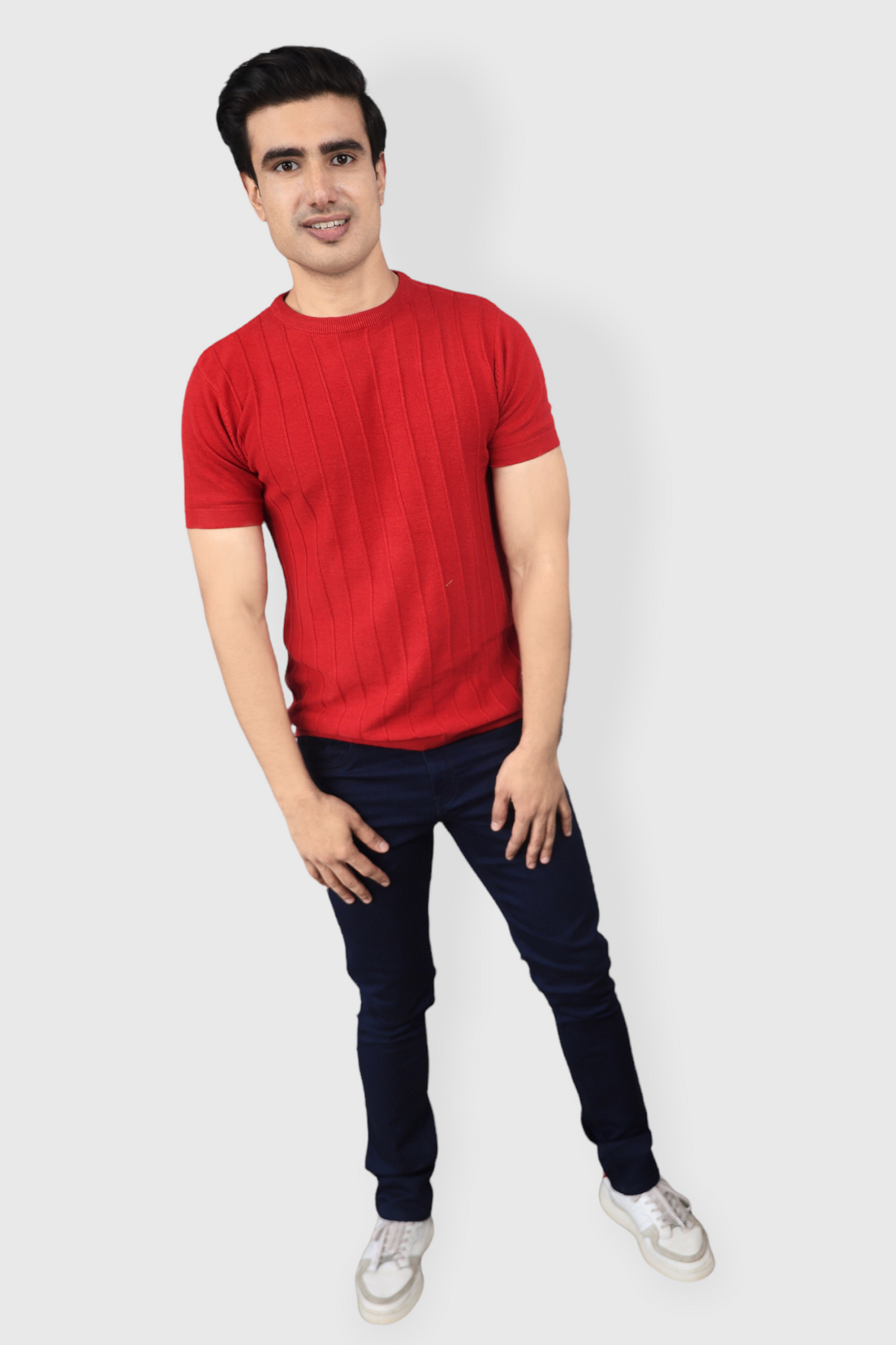 Red Half Sleeve Flat Knit self striped Round neck T-Shirt for men