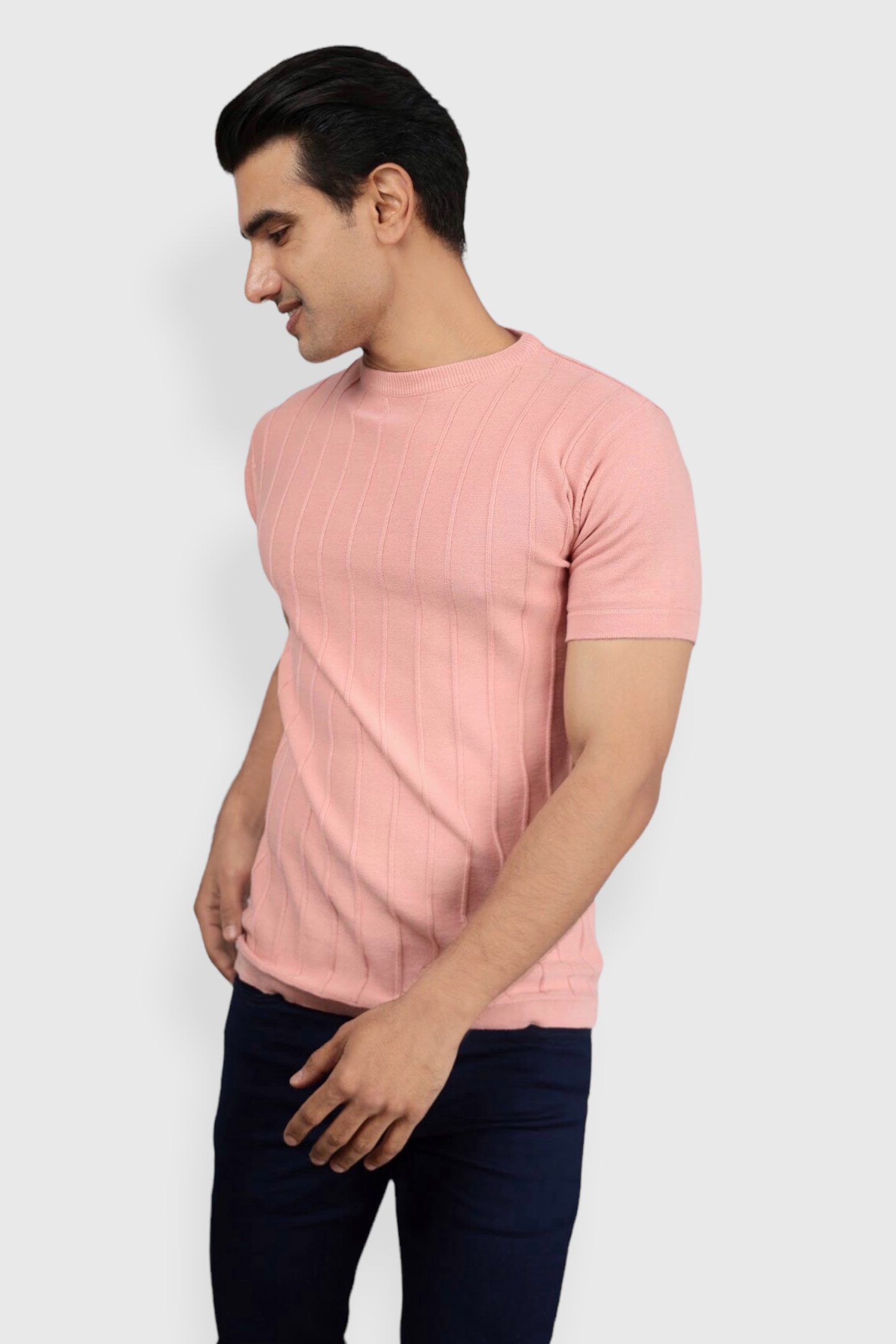 Baby Pink Half Sleeve Flat Knit self striped Round neck T-Shirt for men