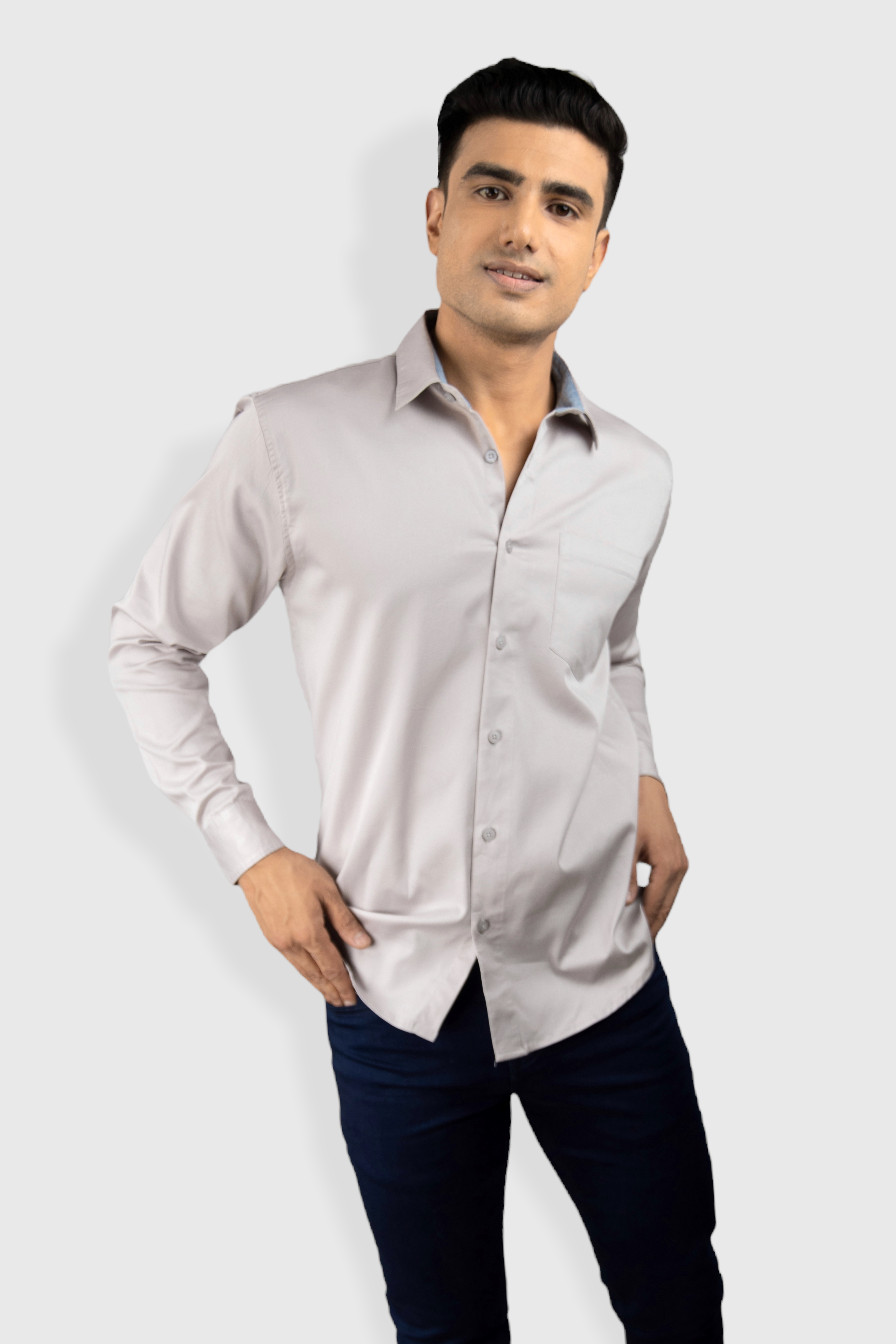 Gray Plain premium Cotton satin shirt with pocket for men