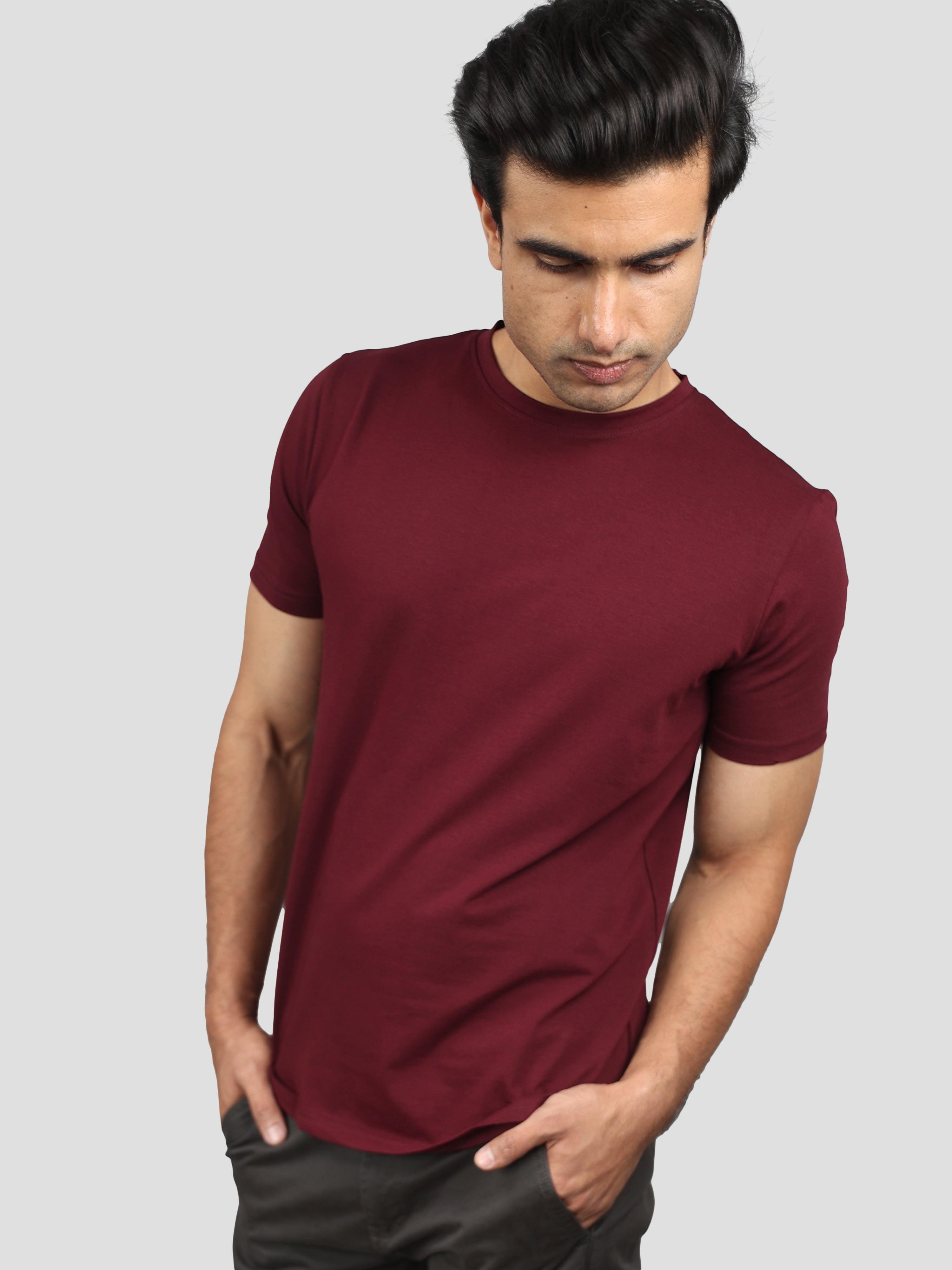 Maroon Super Stretch Round Neck Cotton Tshirt for men