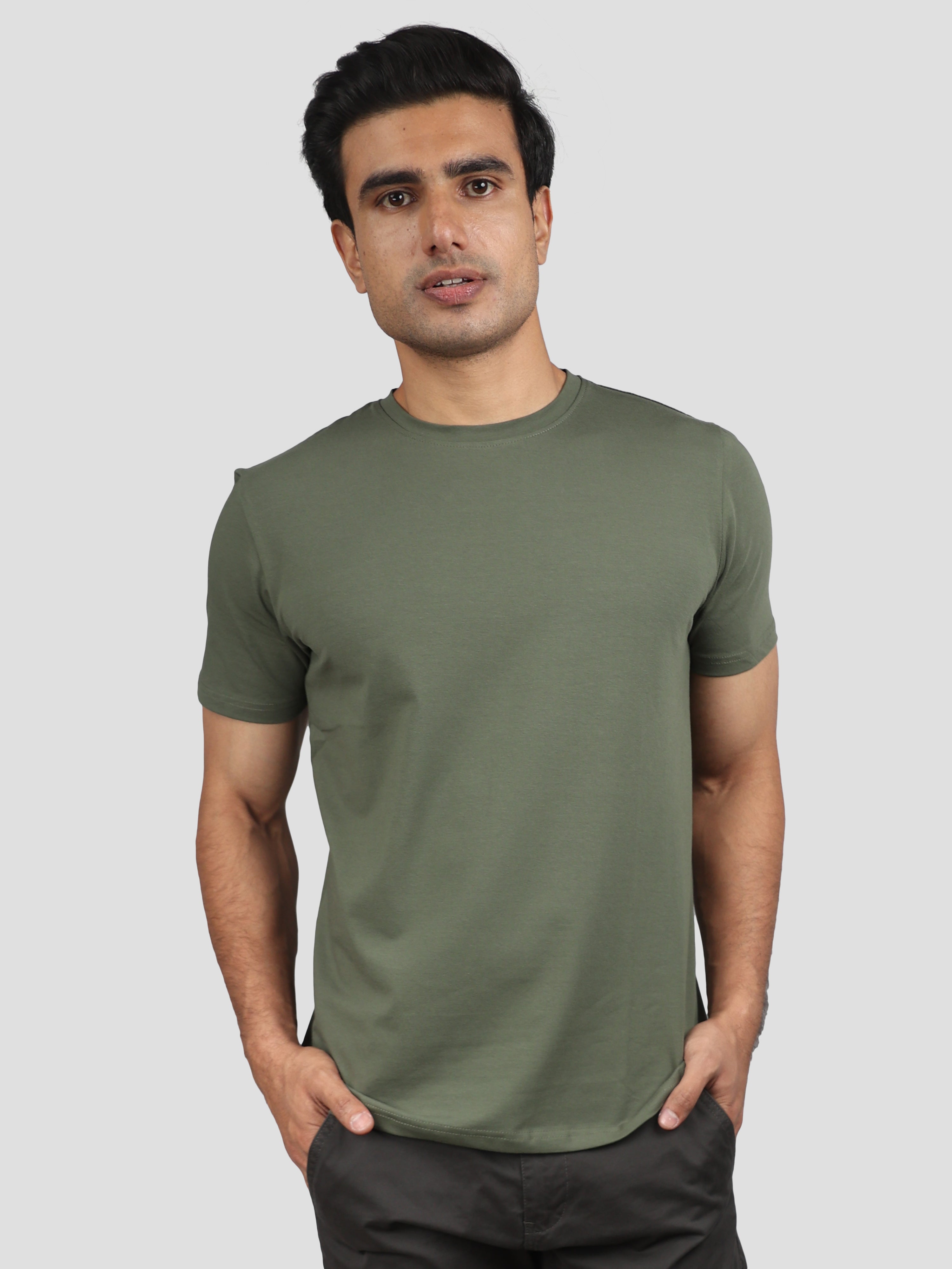 Military Green Super Stretch Round Neck Cotton Tshirt for men