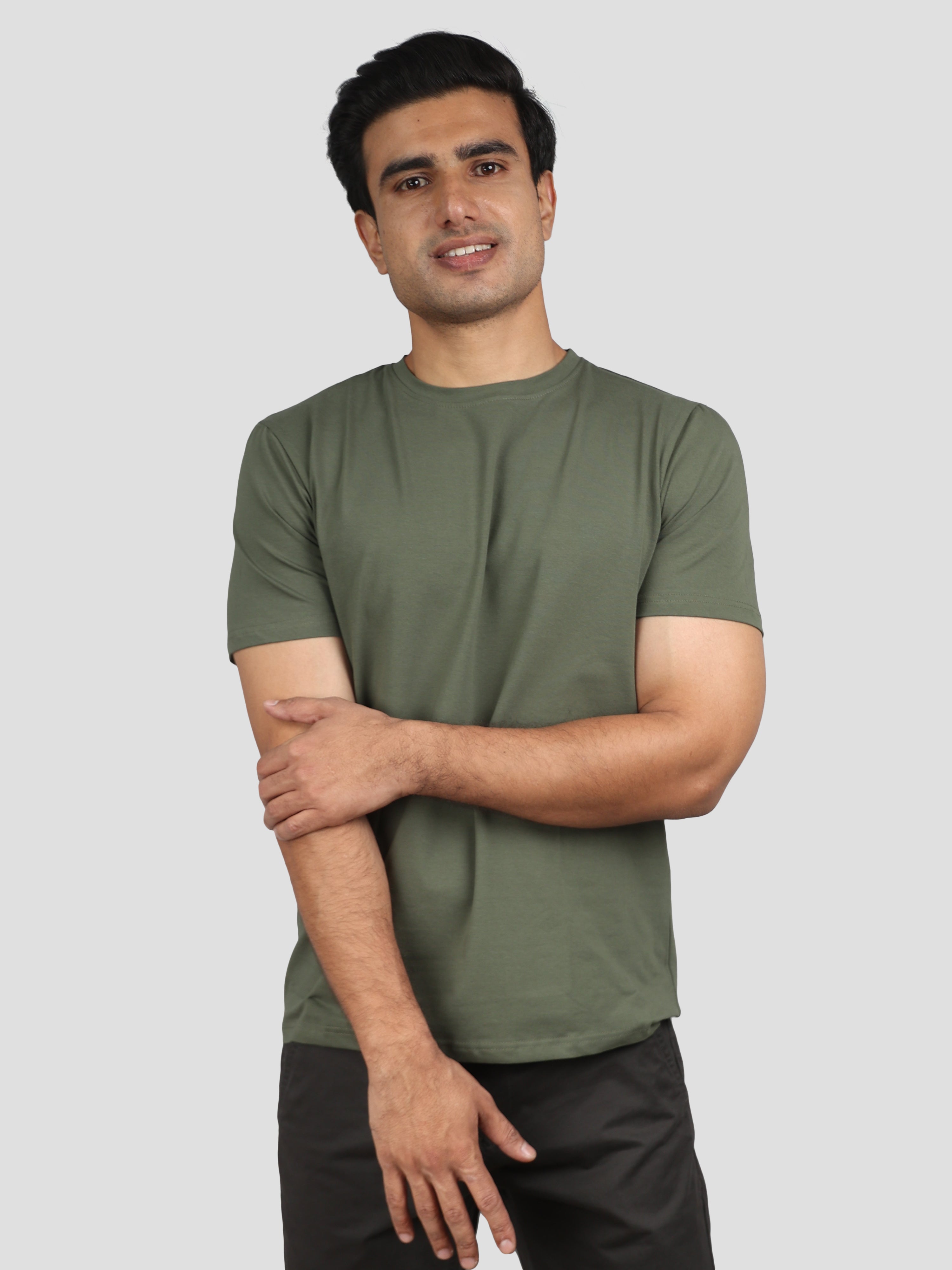 Military Green Super Stretch Round Neck Cotton Tshirt for men