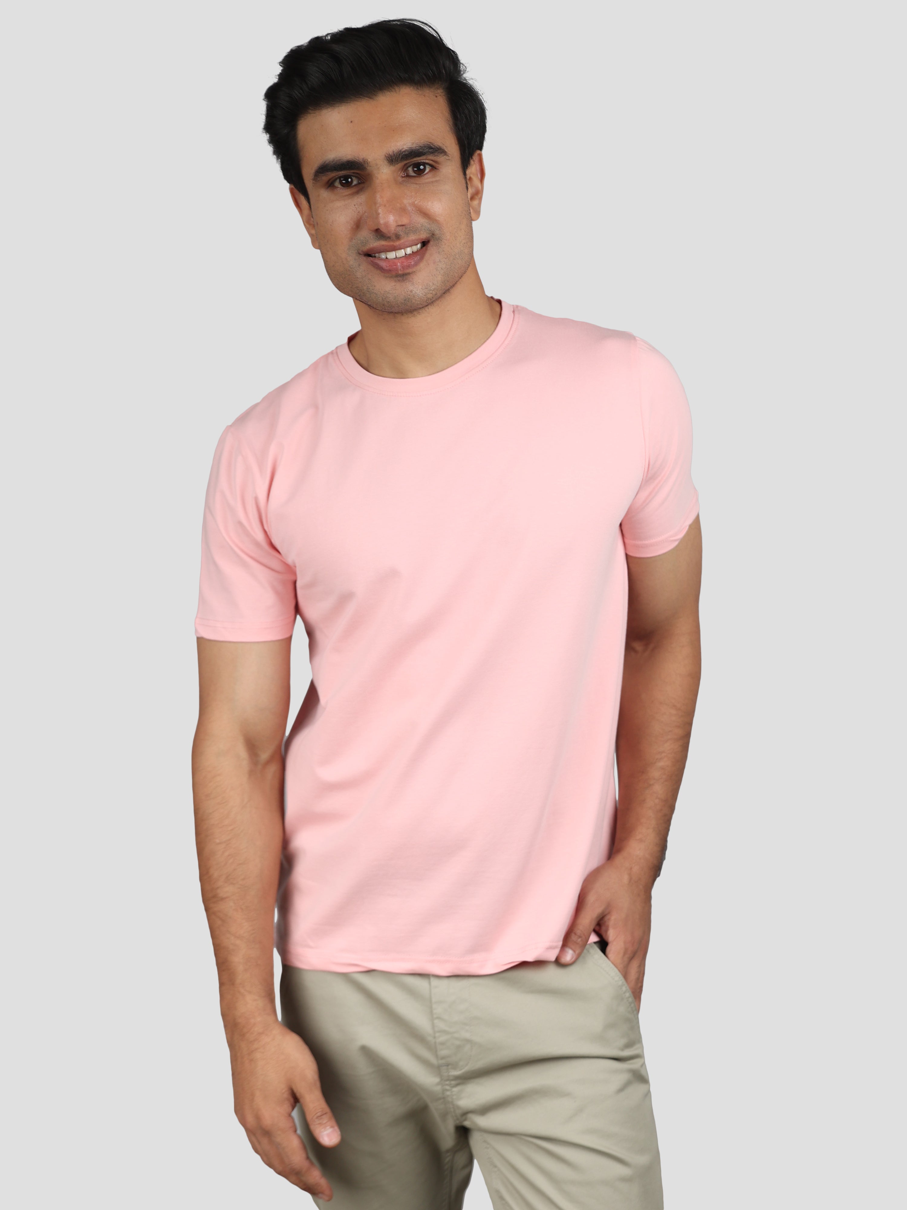 Pink Super Stretch Round Neck Cotton Tshirt for men