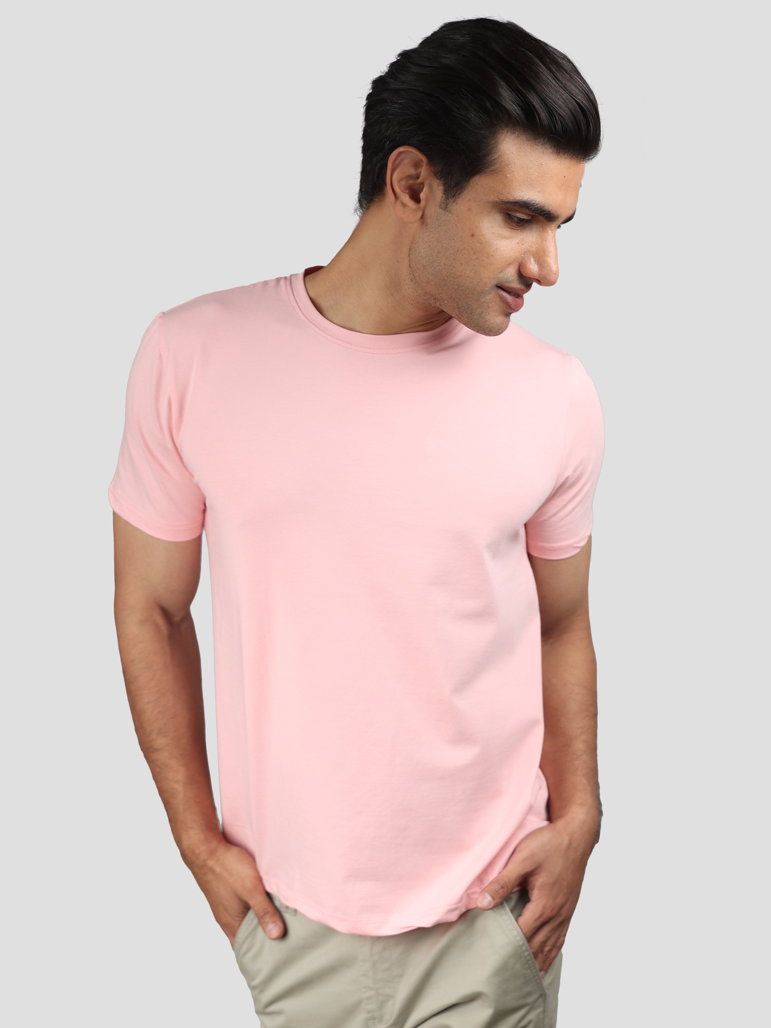 Pink Super Stretch Round Neck Cotton Tshirt for men