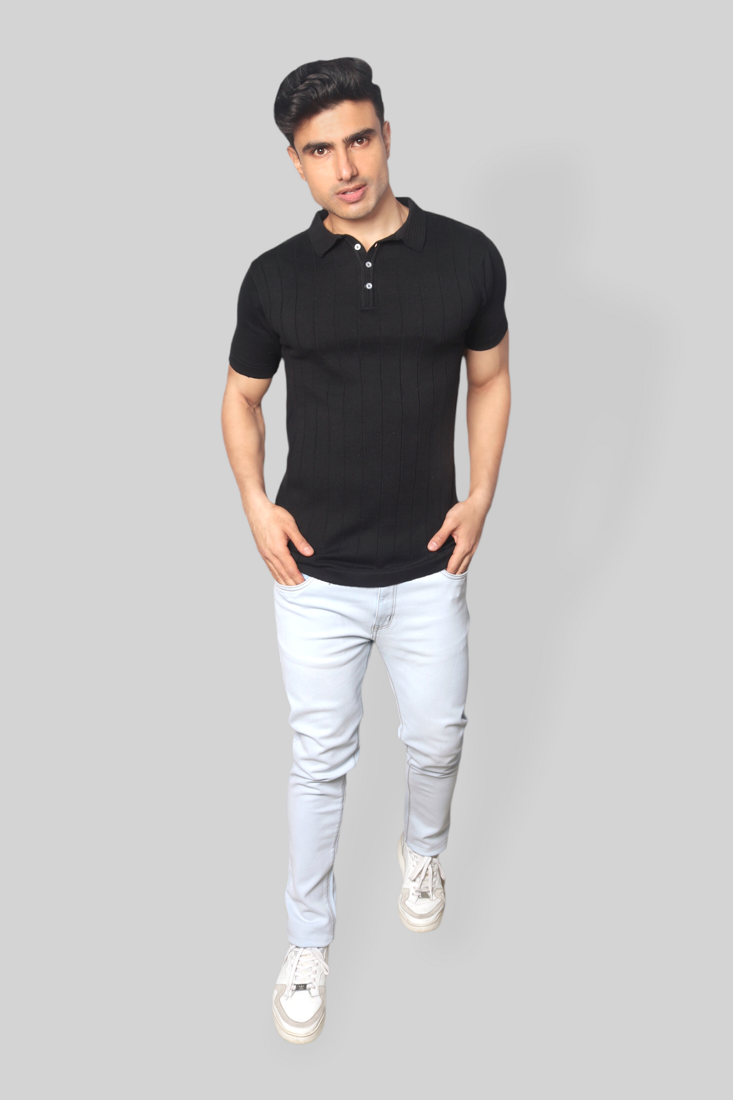 Black Half Sleeve self textured Flat Knit Collar T-Shirt