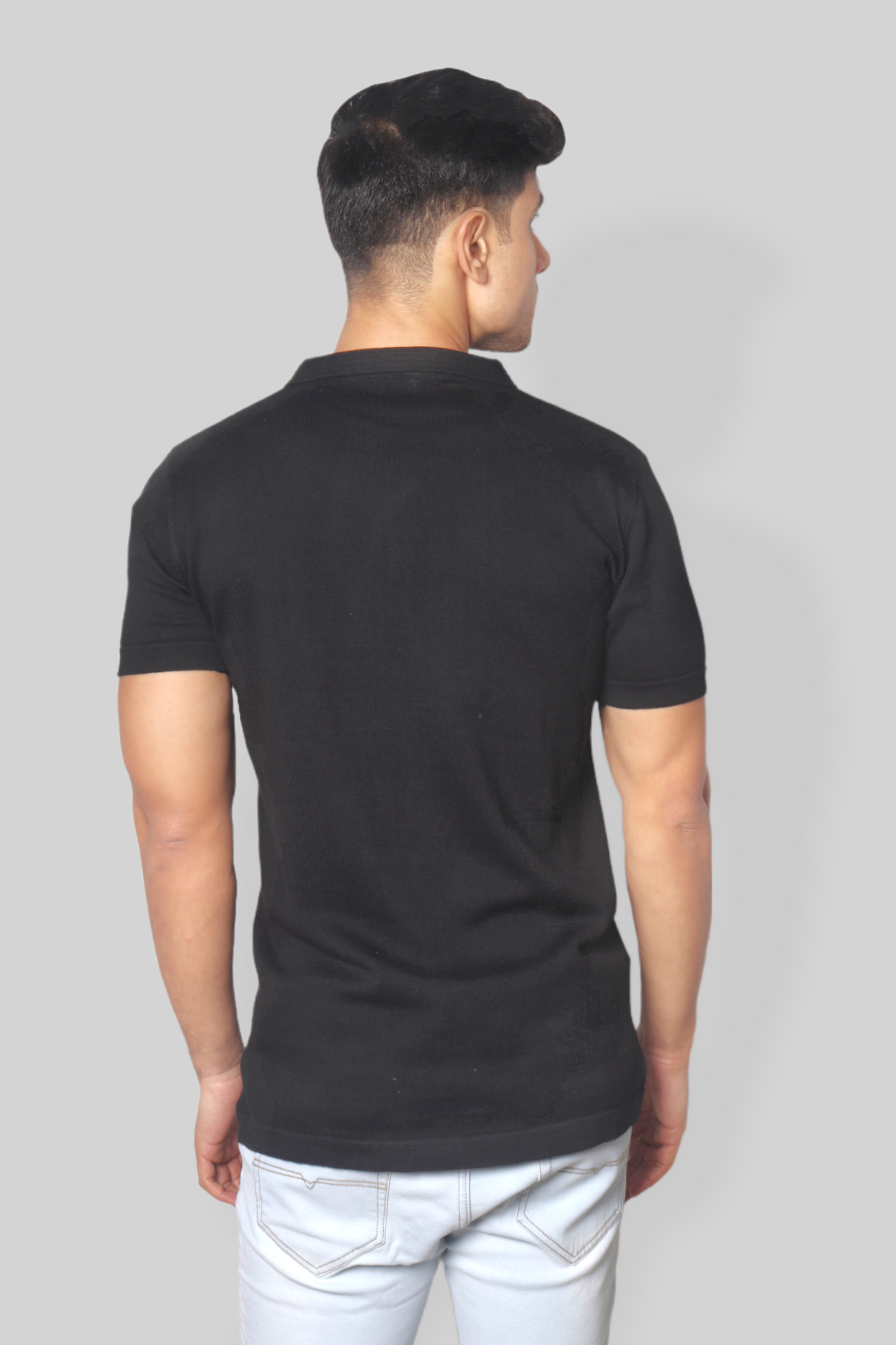 Black Half Sleeve self textured Flat Knit Collar T-Shirt