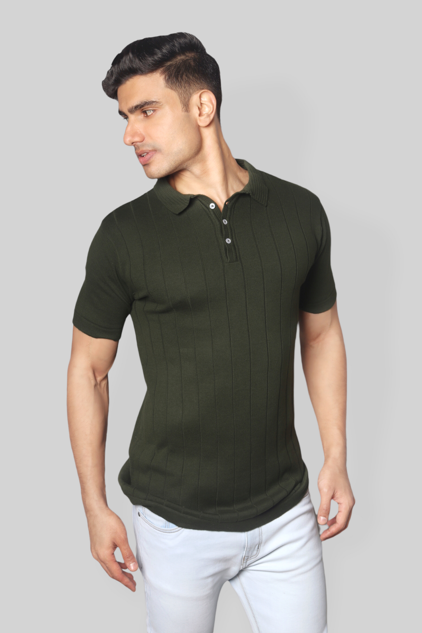 Bottle Green Half Sleeve self textured Flat Knit Collar T-Shirt