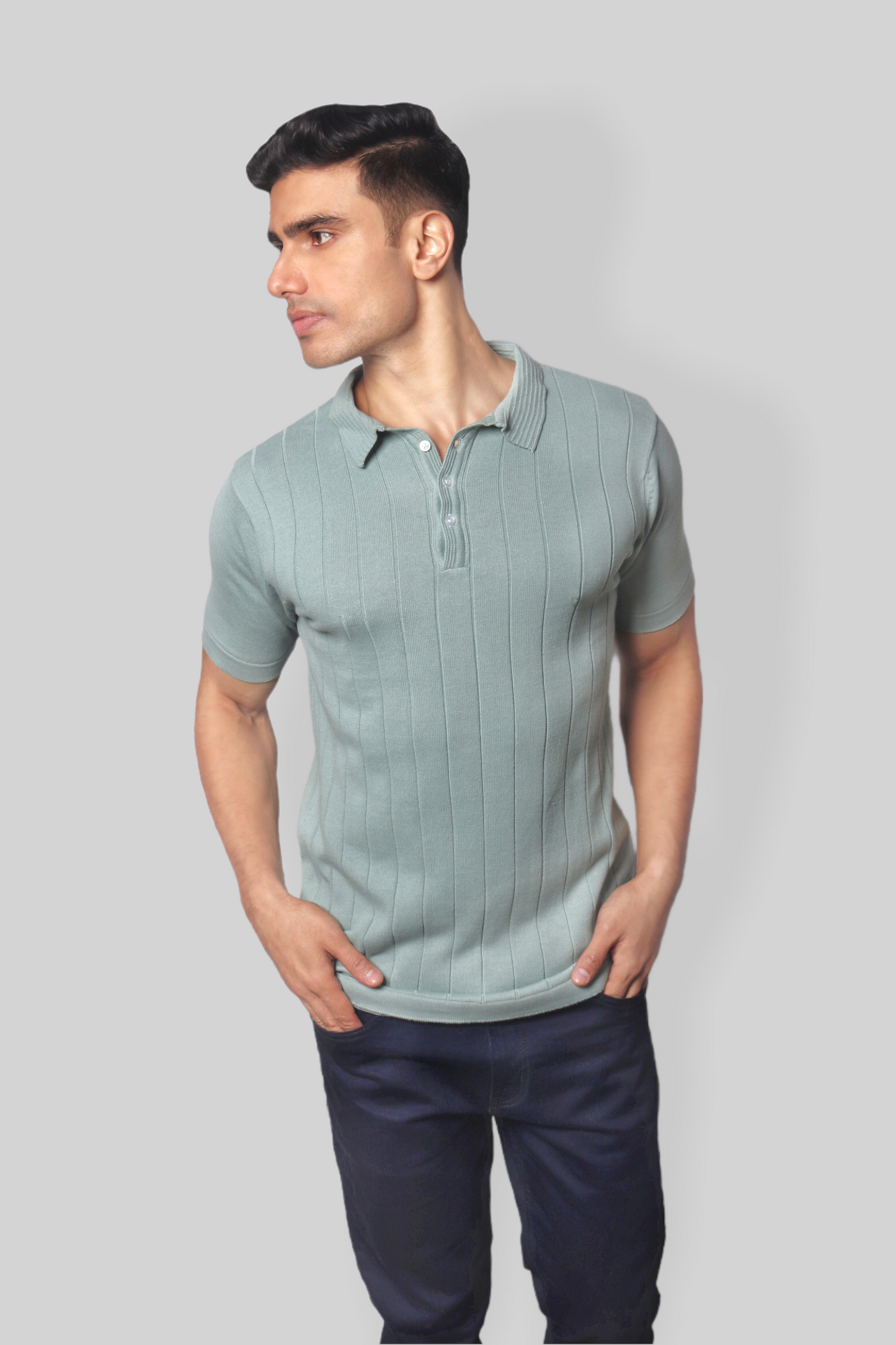 Pastel Green Half Sleeve self textured Flat Knit Collar T-Shirt