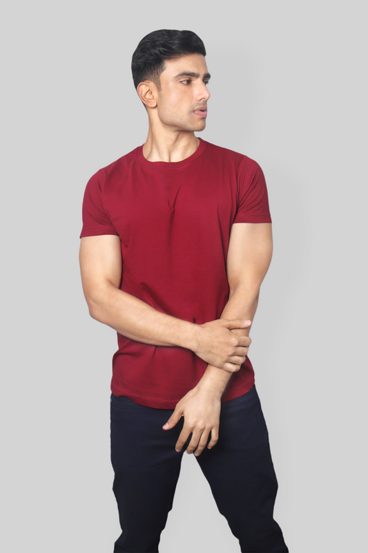 Solid Maroon plain Round Neck Cotton Tshirt for men