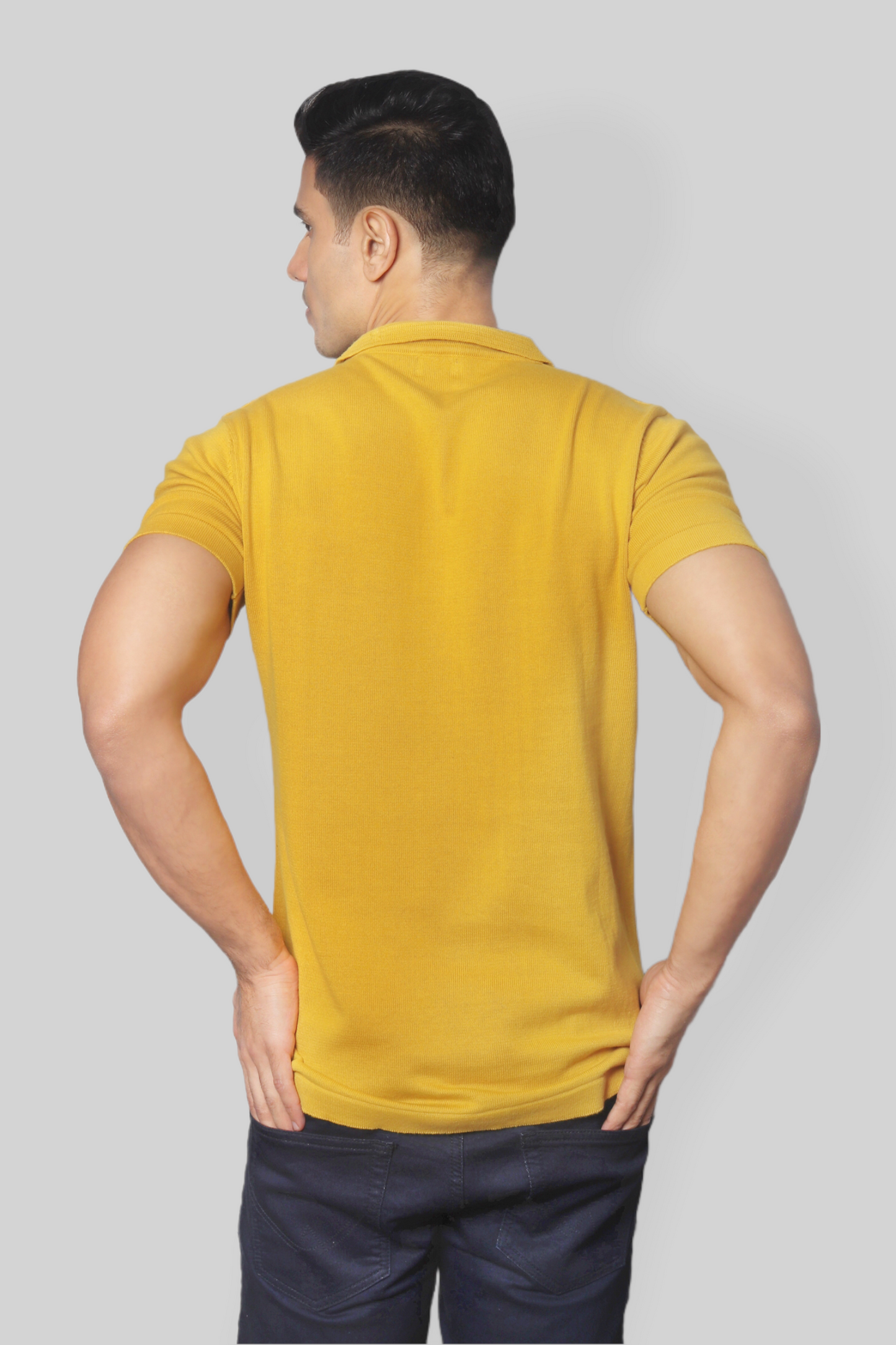Mustard Half Sleeve self textured Flat Knit Collar T-Shirt