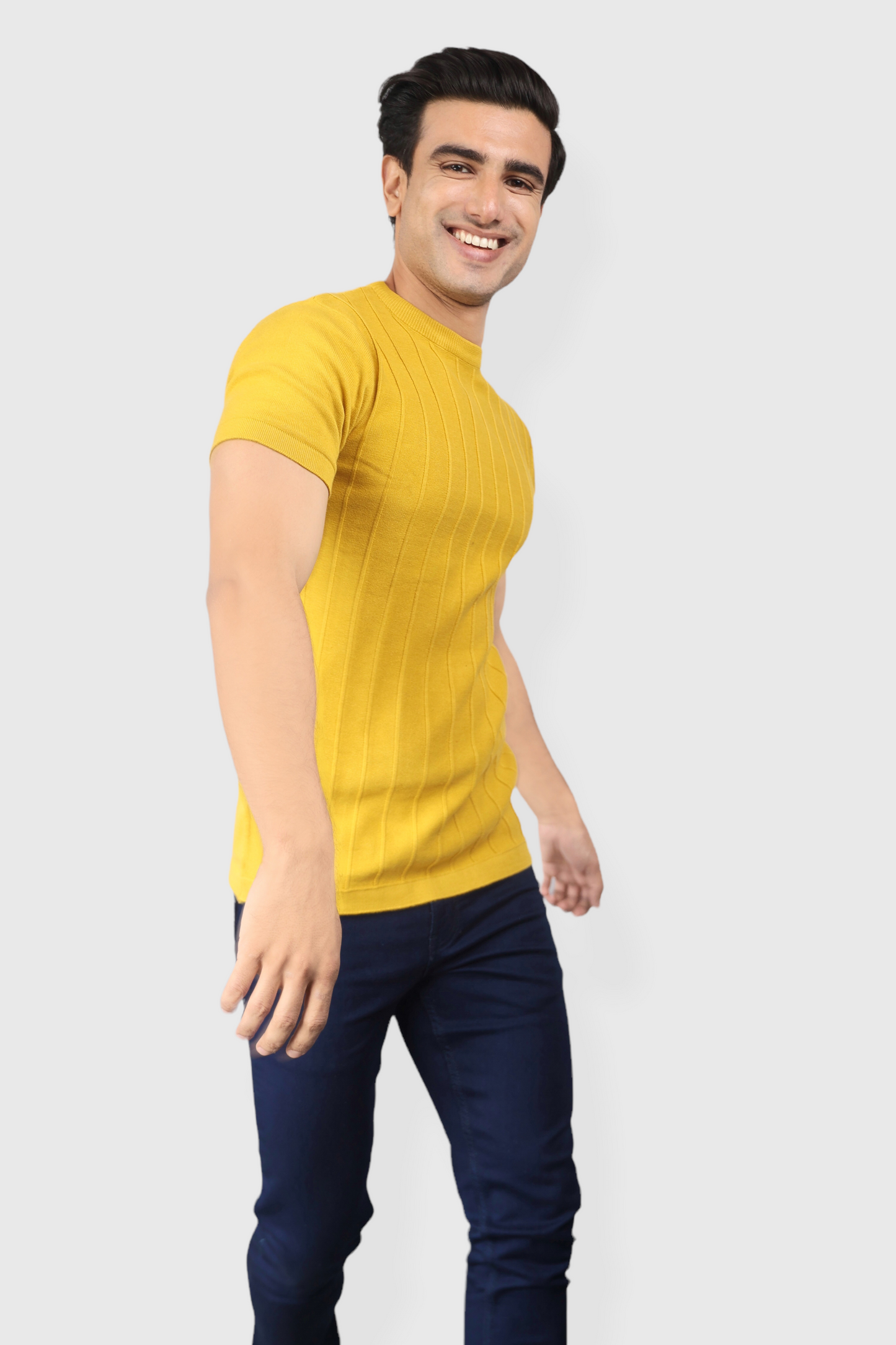 Mustard Half Sleeve Flat Knit self striped Round neck T-Shirt for men
