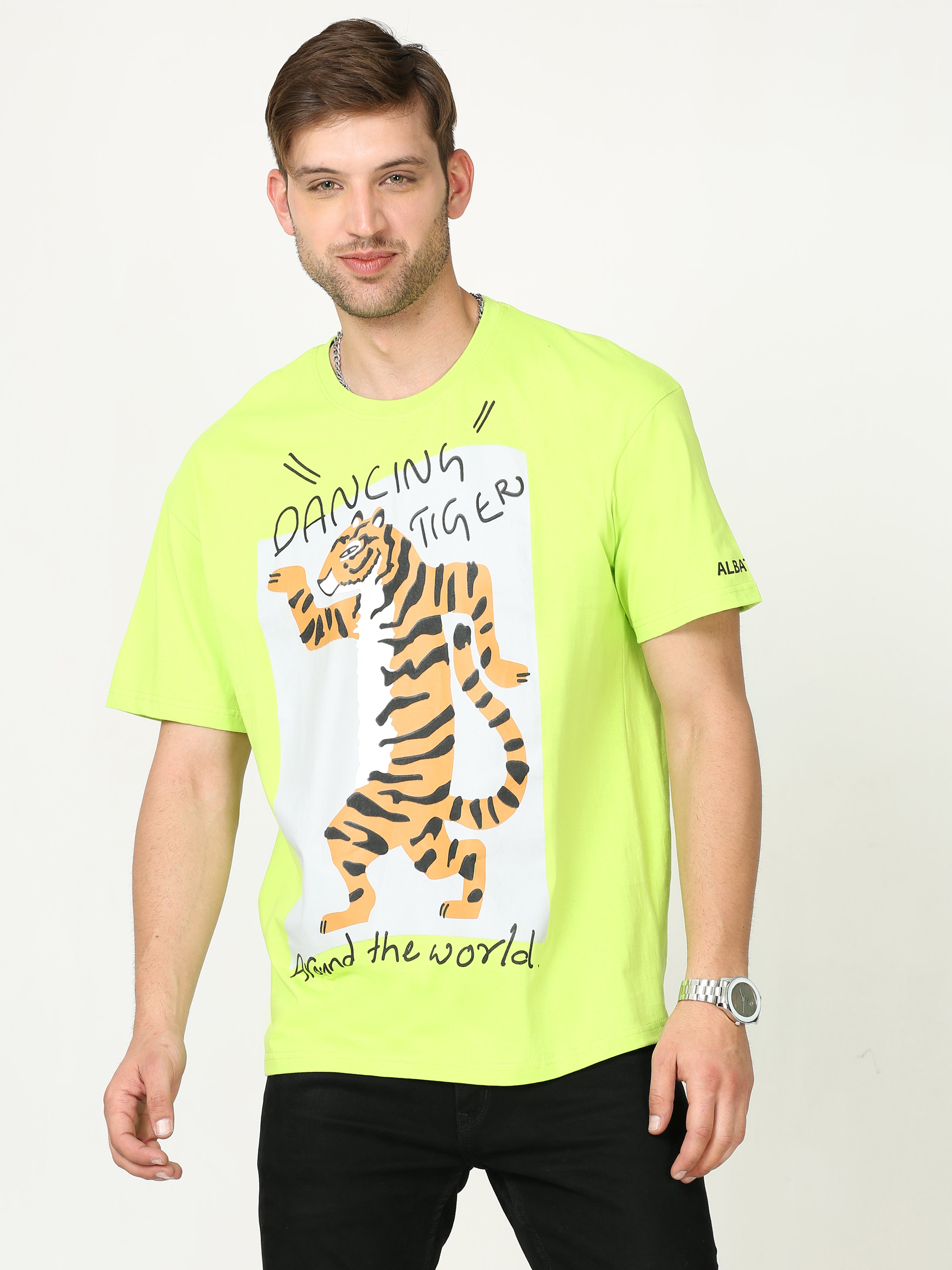 Neon Green dancing tiger Printed Oversized T-shirt