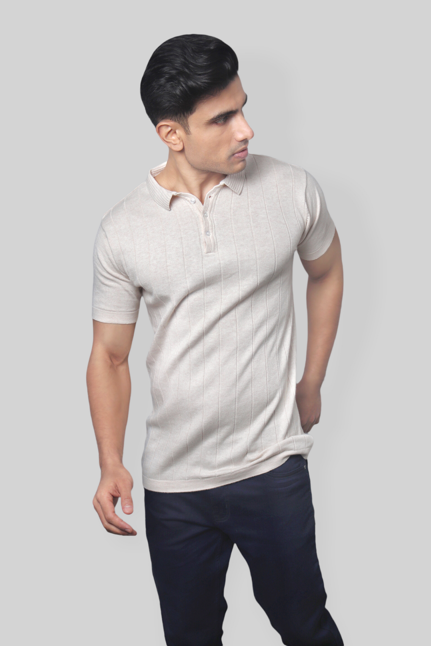 Off-White Half Sleeve self textured Flat Knit Collar T-Shirt