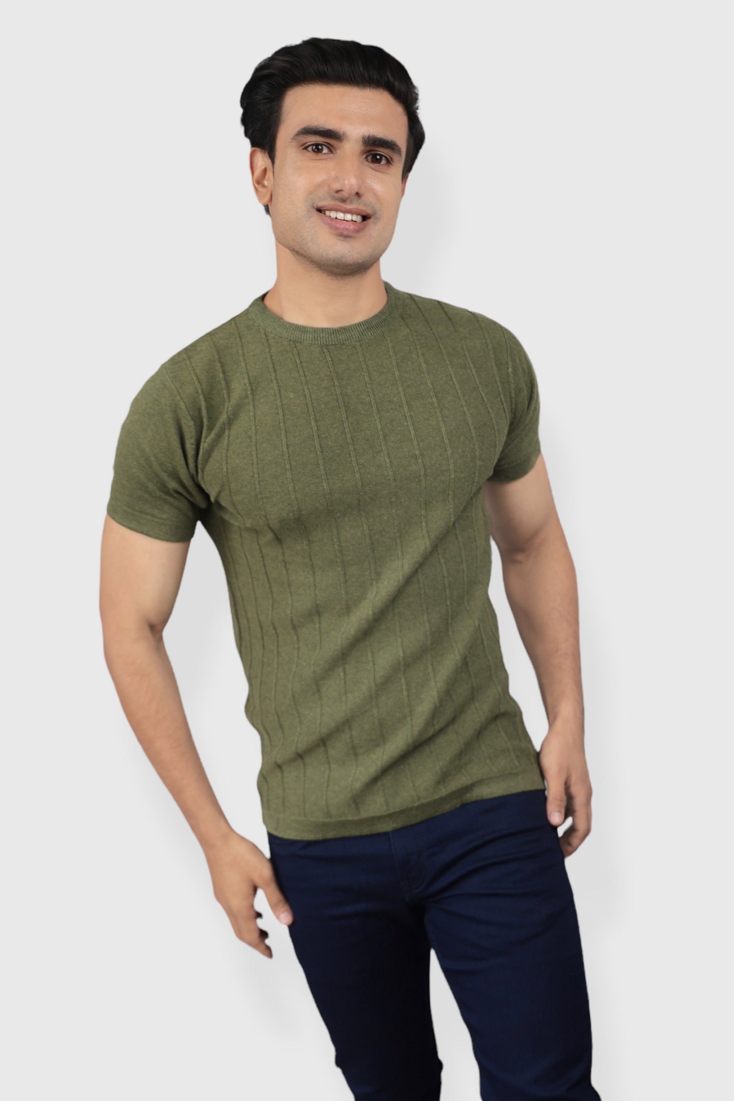 olive Green Half Sleeve Flat Knit self striped Round neck T-Shirt for men