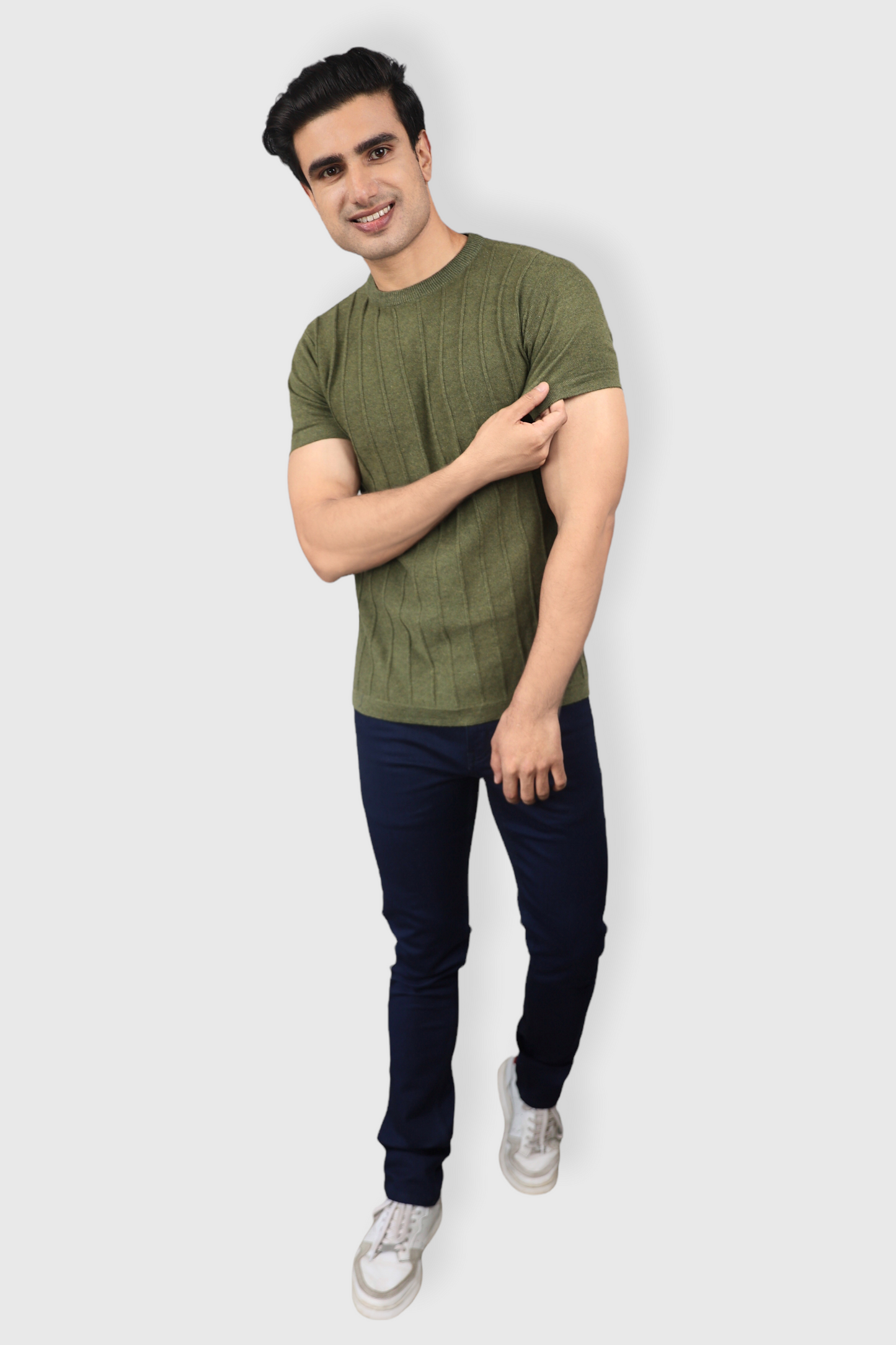 olive Green Half Sleeve Flat Knit self striped Round neck T-Shirt for men