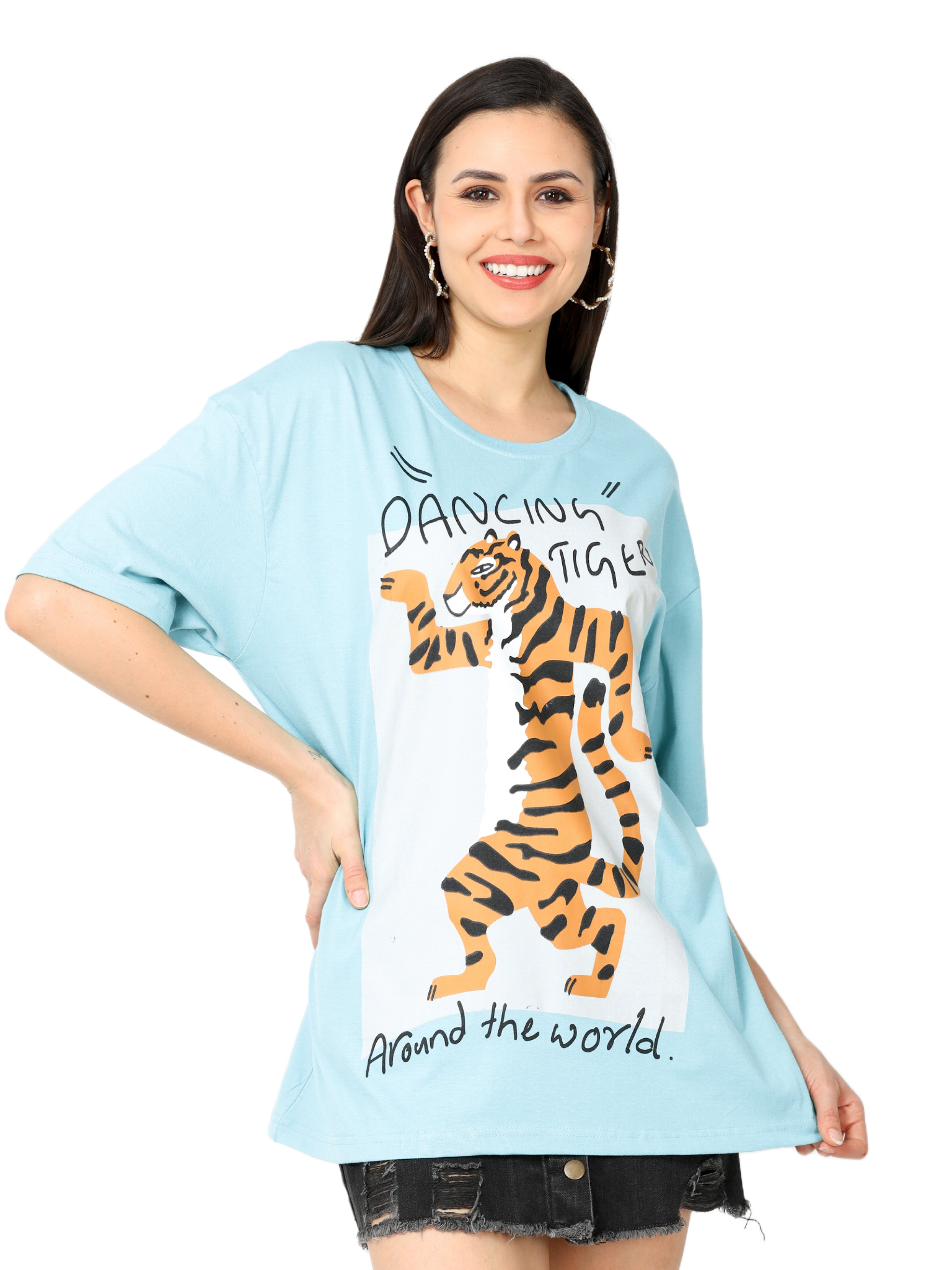 Light blue dancing tiger Printed Oversized T-shirt for Women