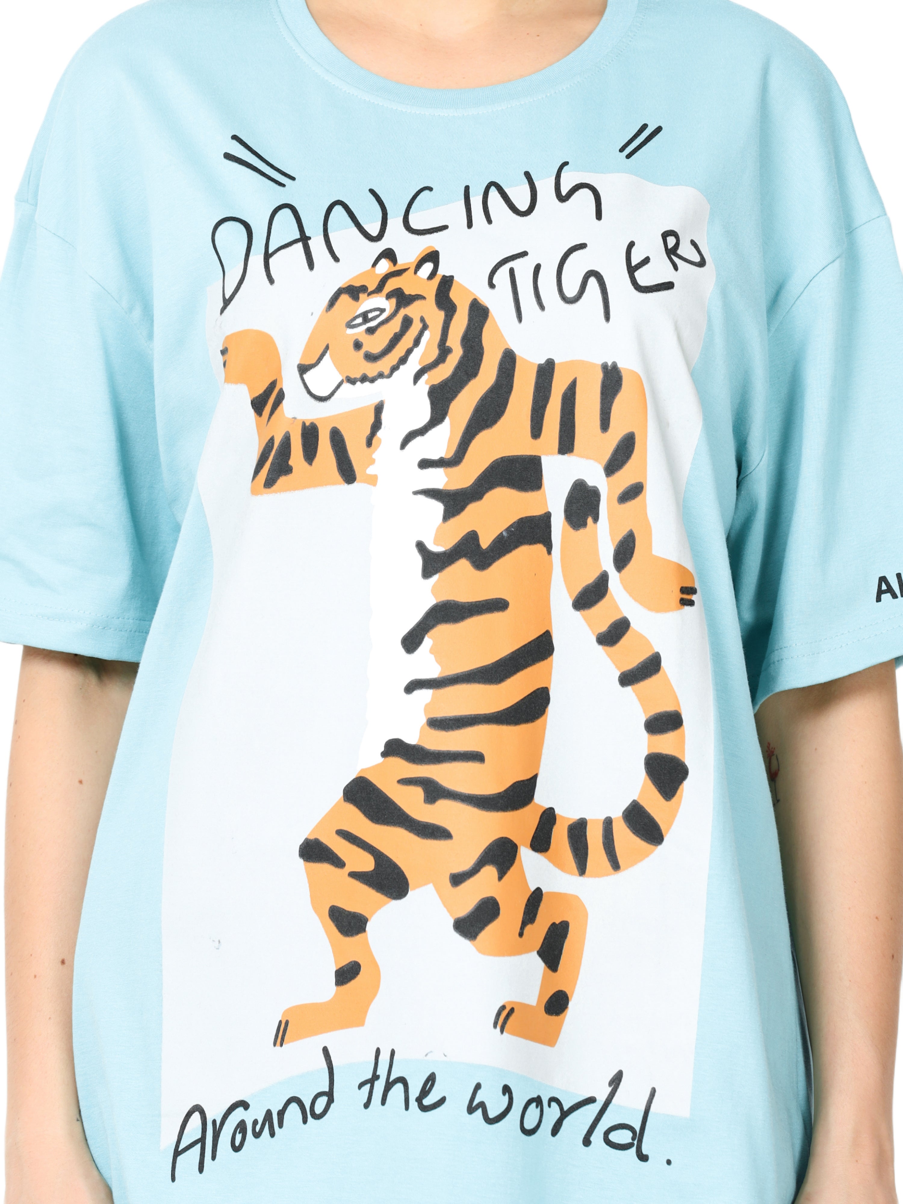 Light blue dancing tiger Printed Oversized T-shirt for Women