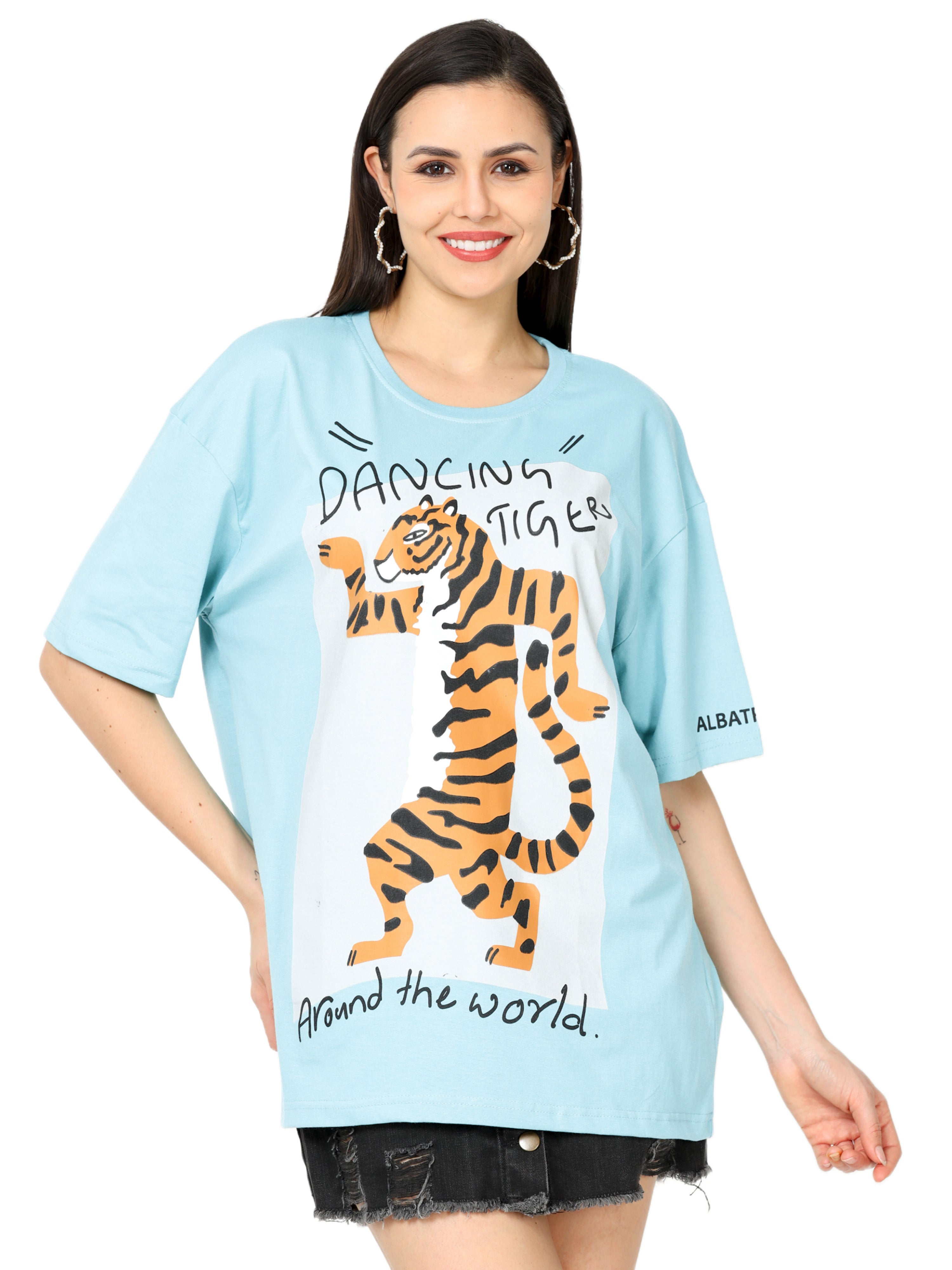 Light blue dancing tiger Printed Oversized T-shirt for Women