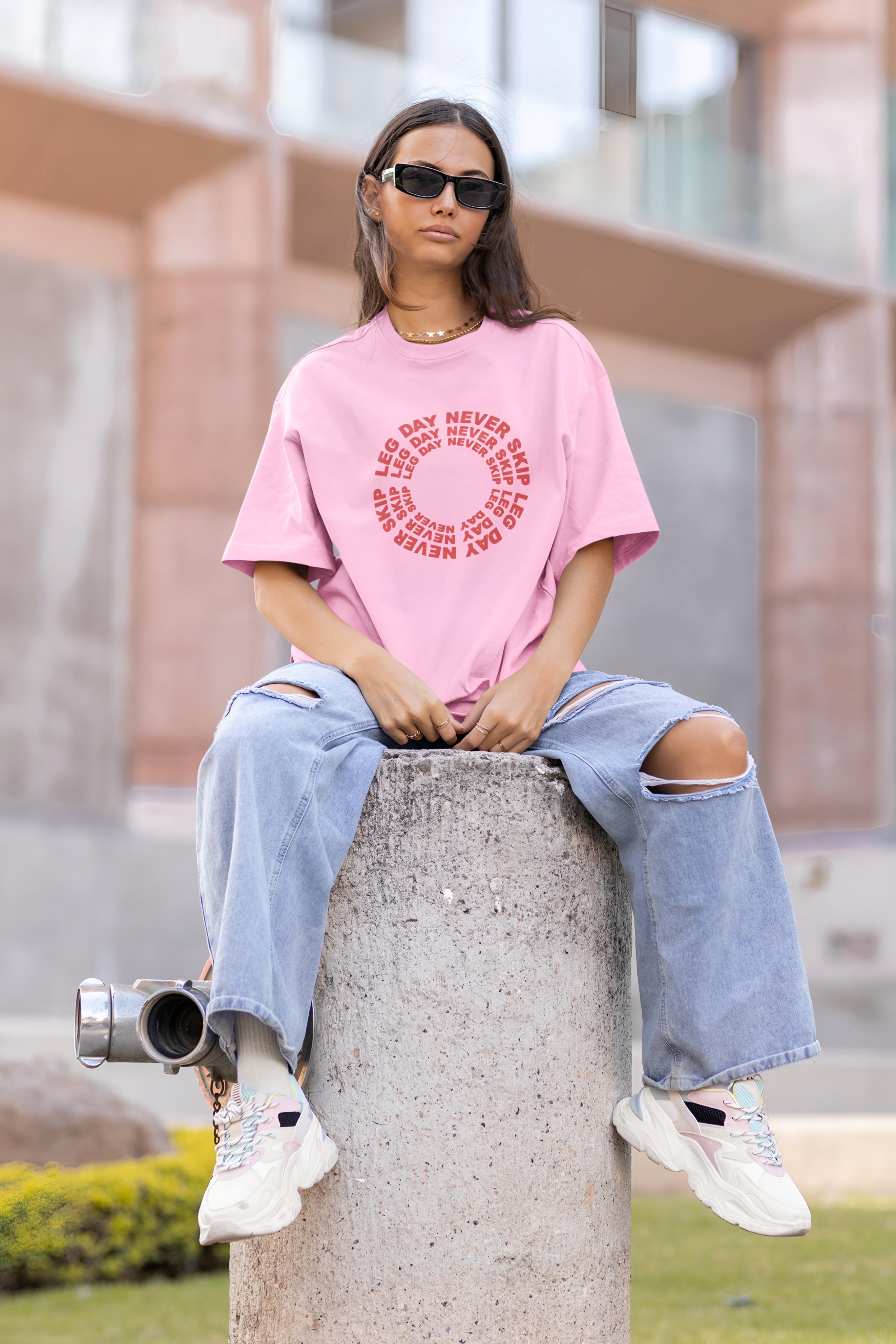 Pink & Red Never skip Leg day Oversized T-shirt for Womens