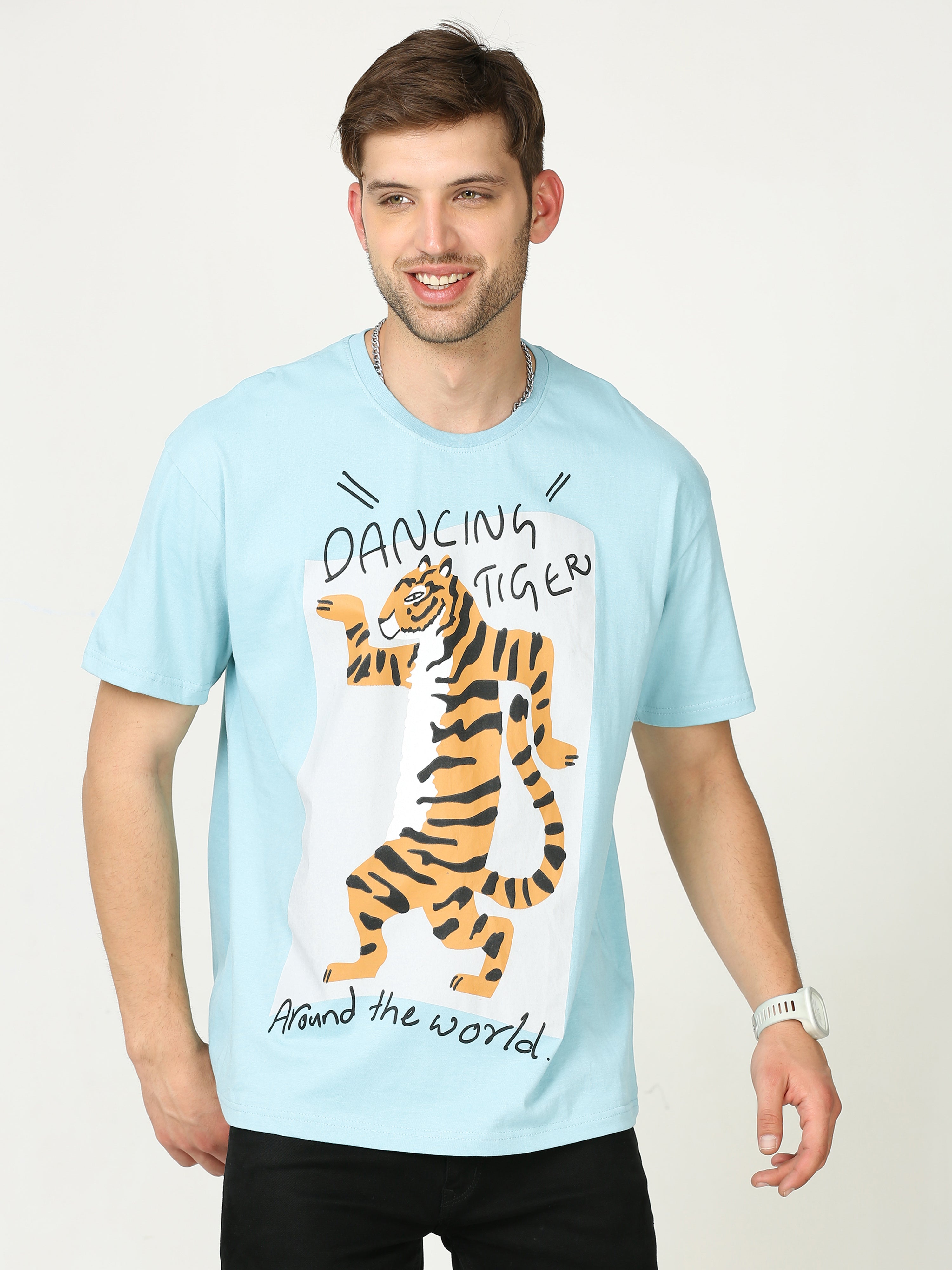 Light Blue dancing tiger Printed Oversized T-shirt