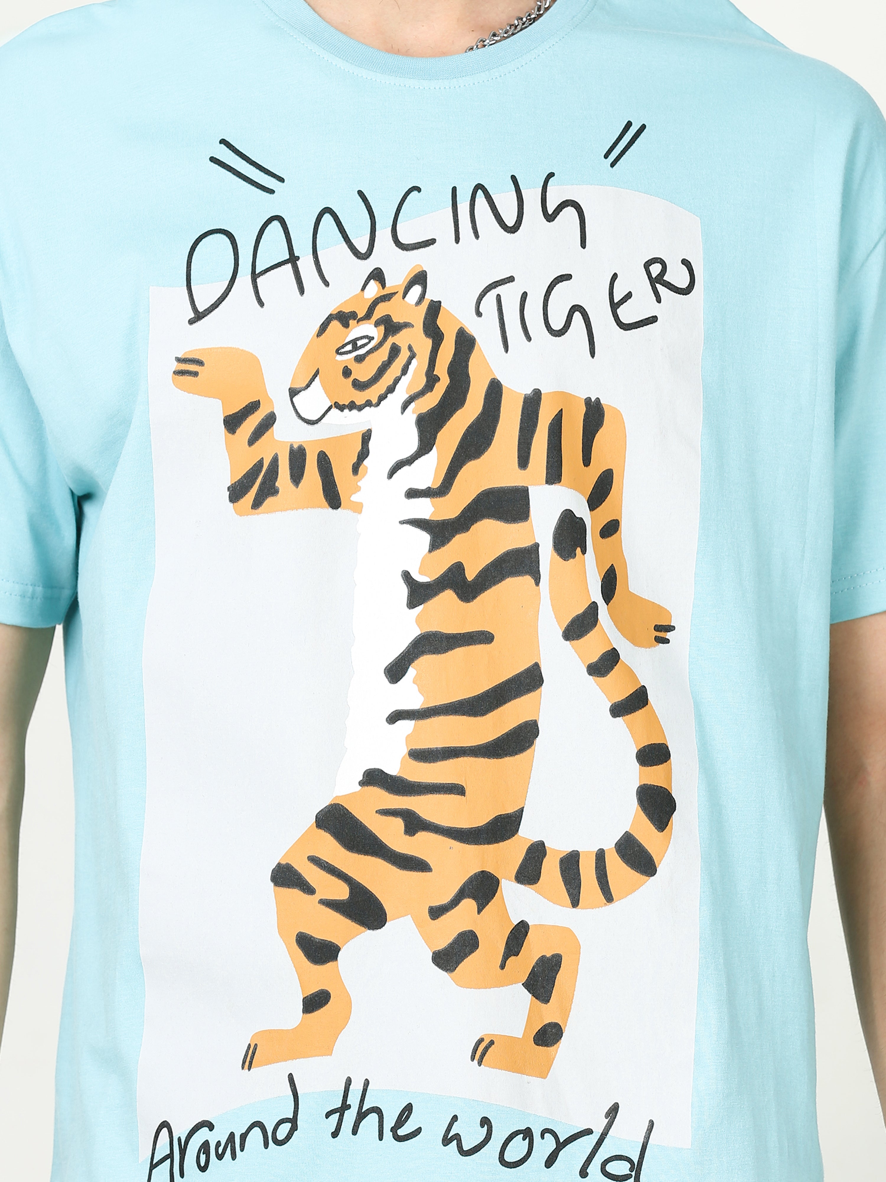 Light Blue dancing tiger Printed Oversized T-shirt