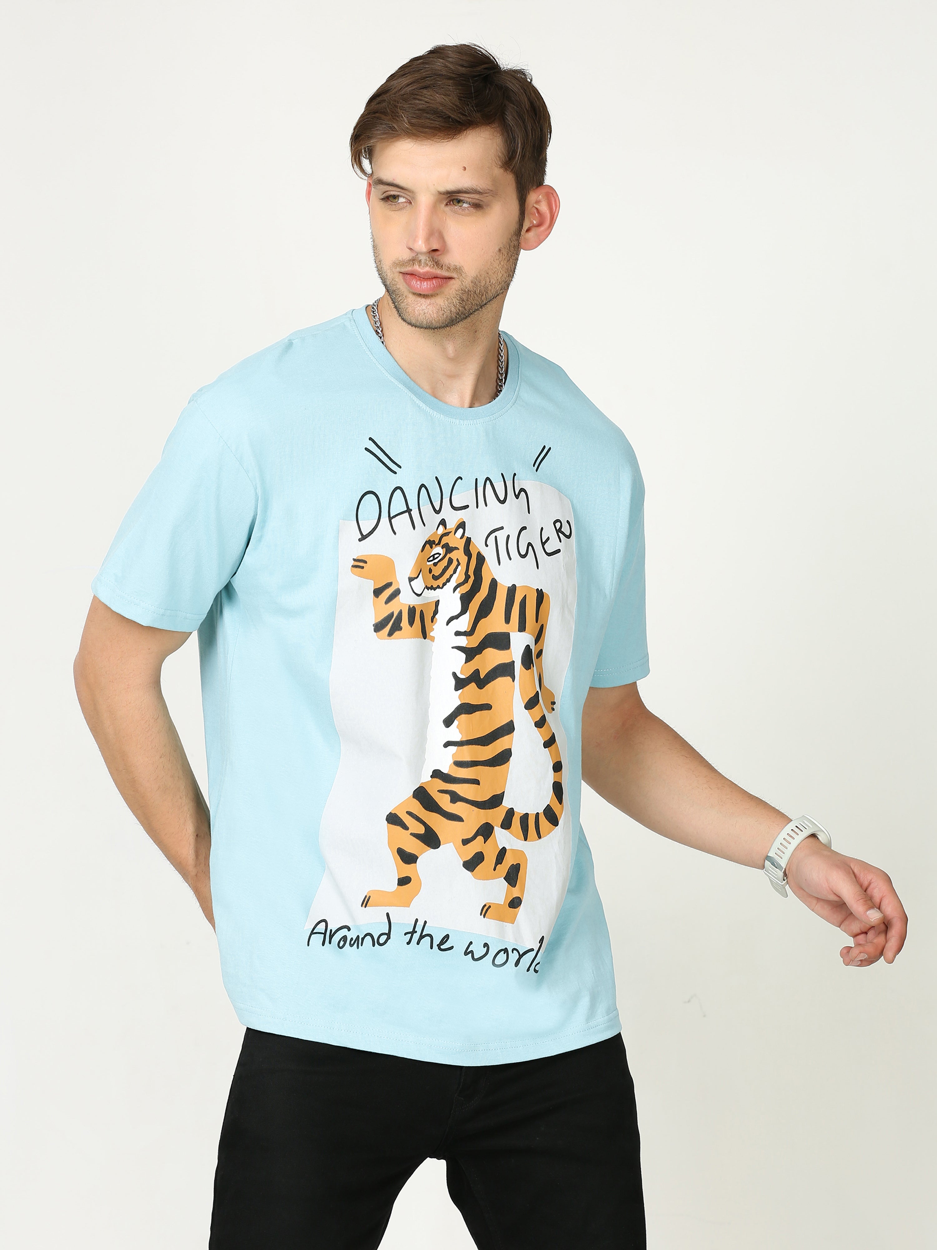Light Blue dancing tiger Printed Oversized T-shirt