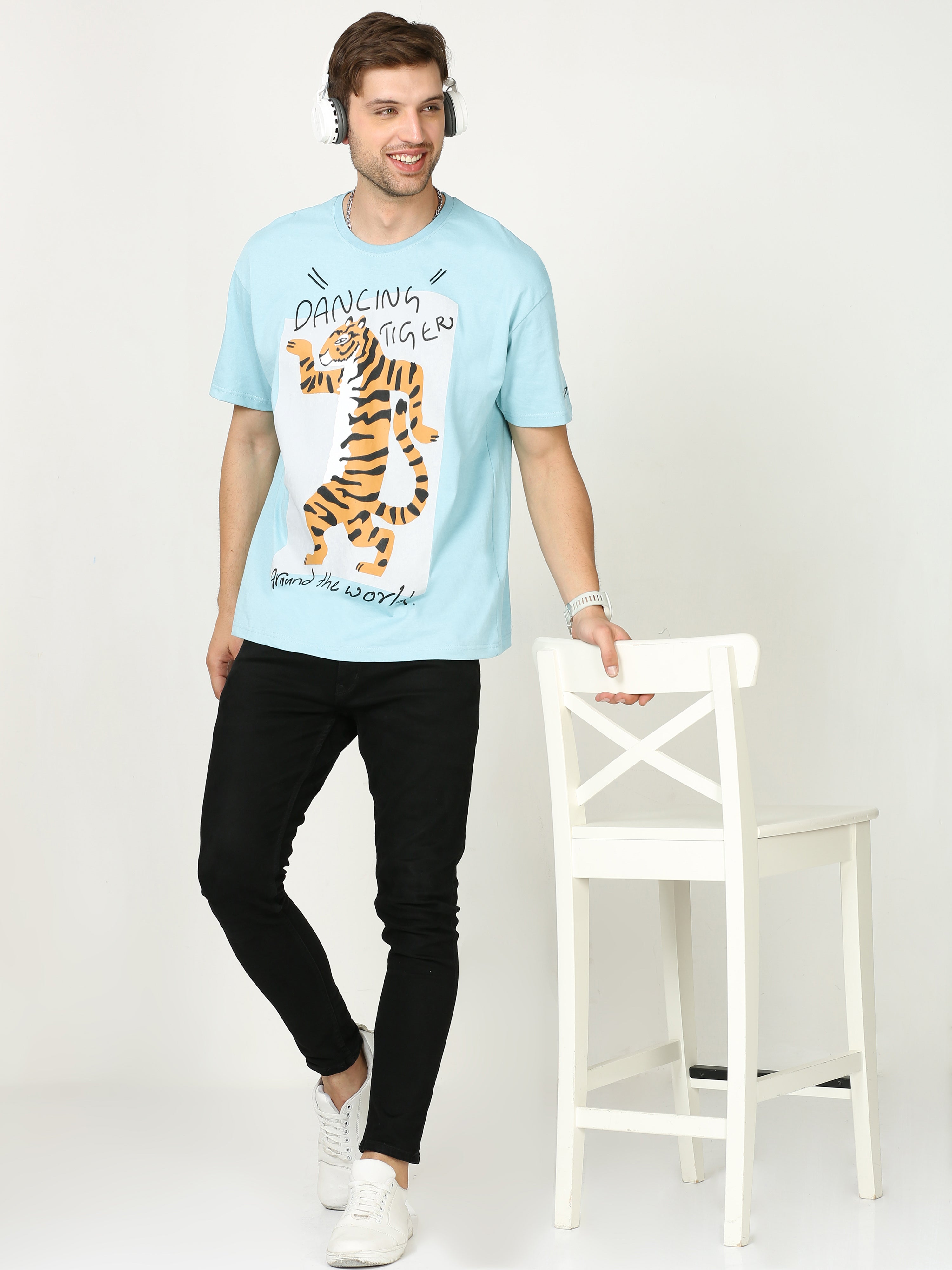 Light Blue dancing tiger Printed Oversized T-shirt