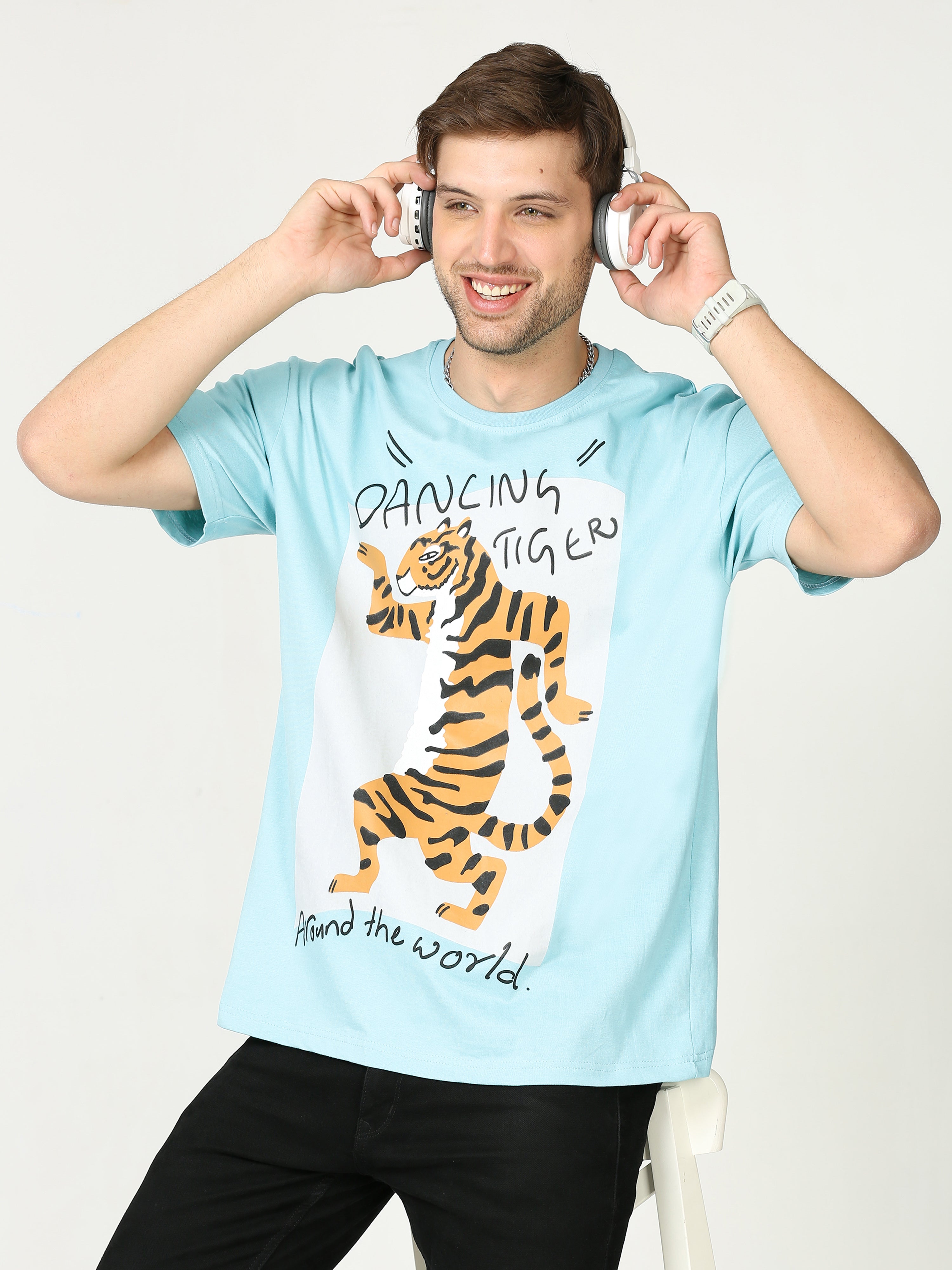 Light Blue dancing tiger Printed Oversized T-shirt