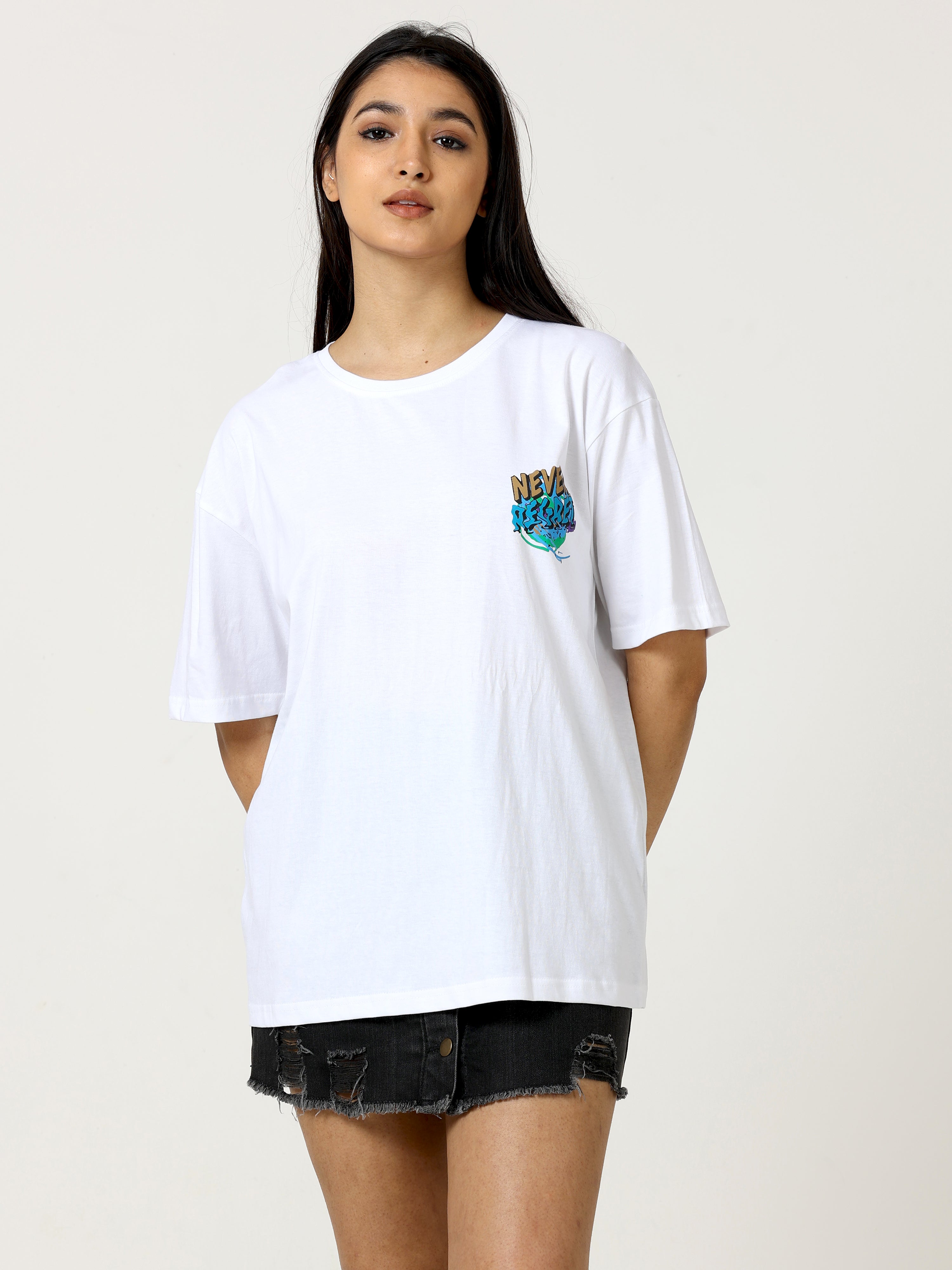 White Never Regret Printed Oversized T-shirt - UNISEX