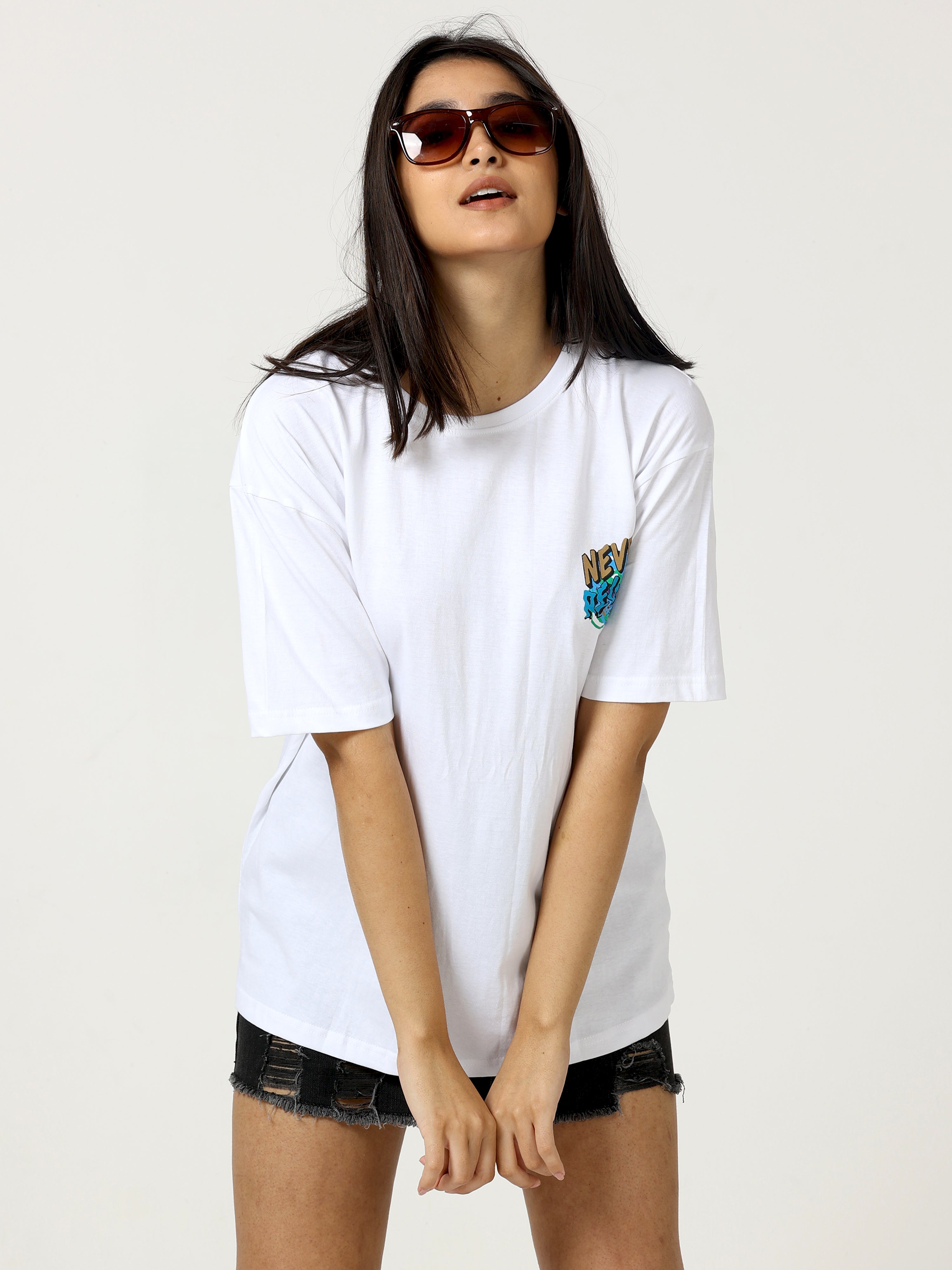 White Never Regret Printed Oversized T-shirt - UNISEX