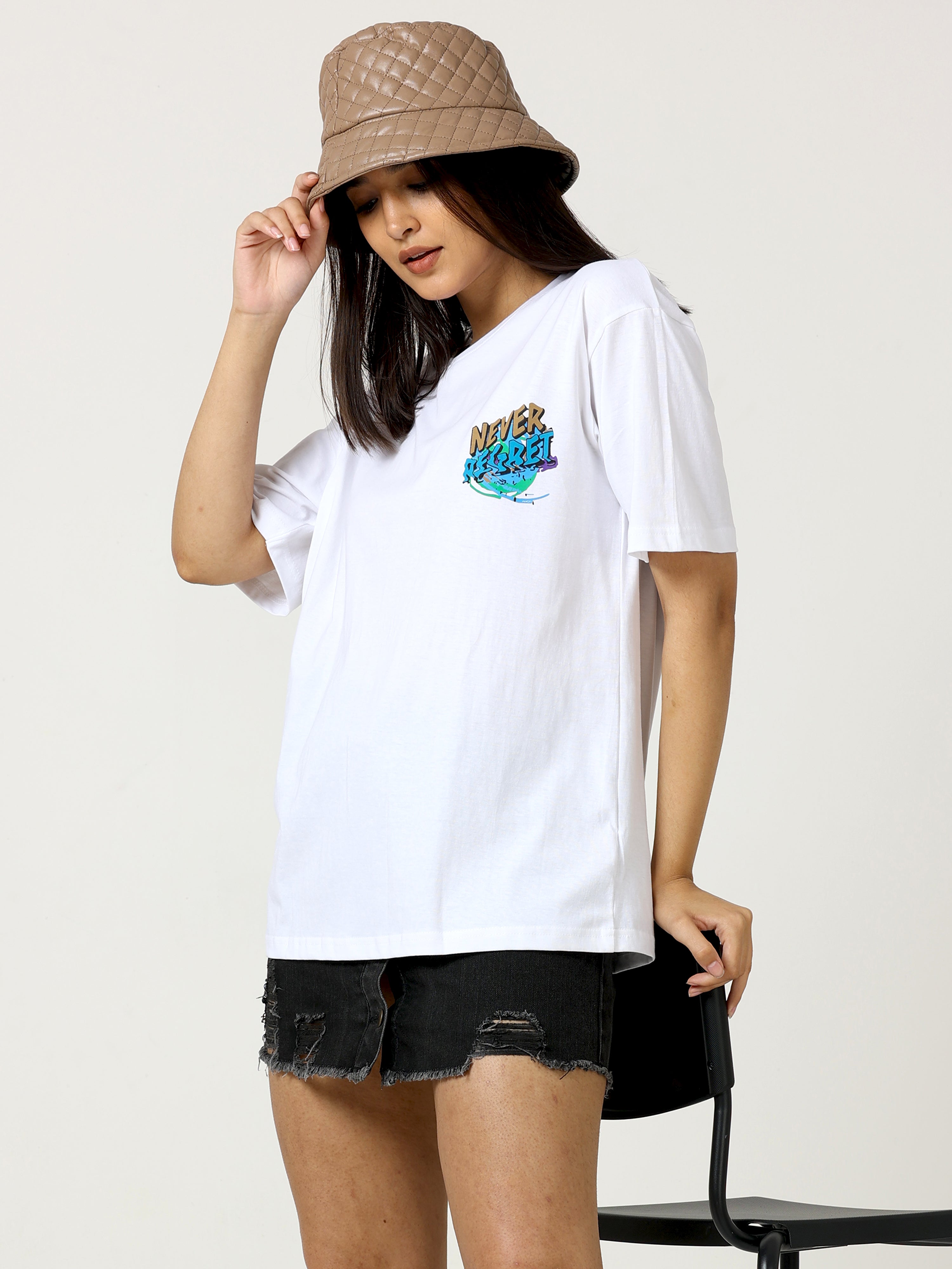 White Never Regret Printed Oversized T-shirt - UNISEX