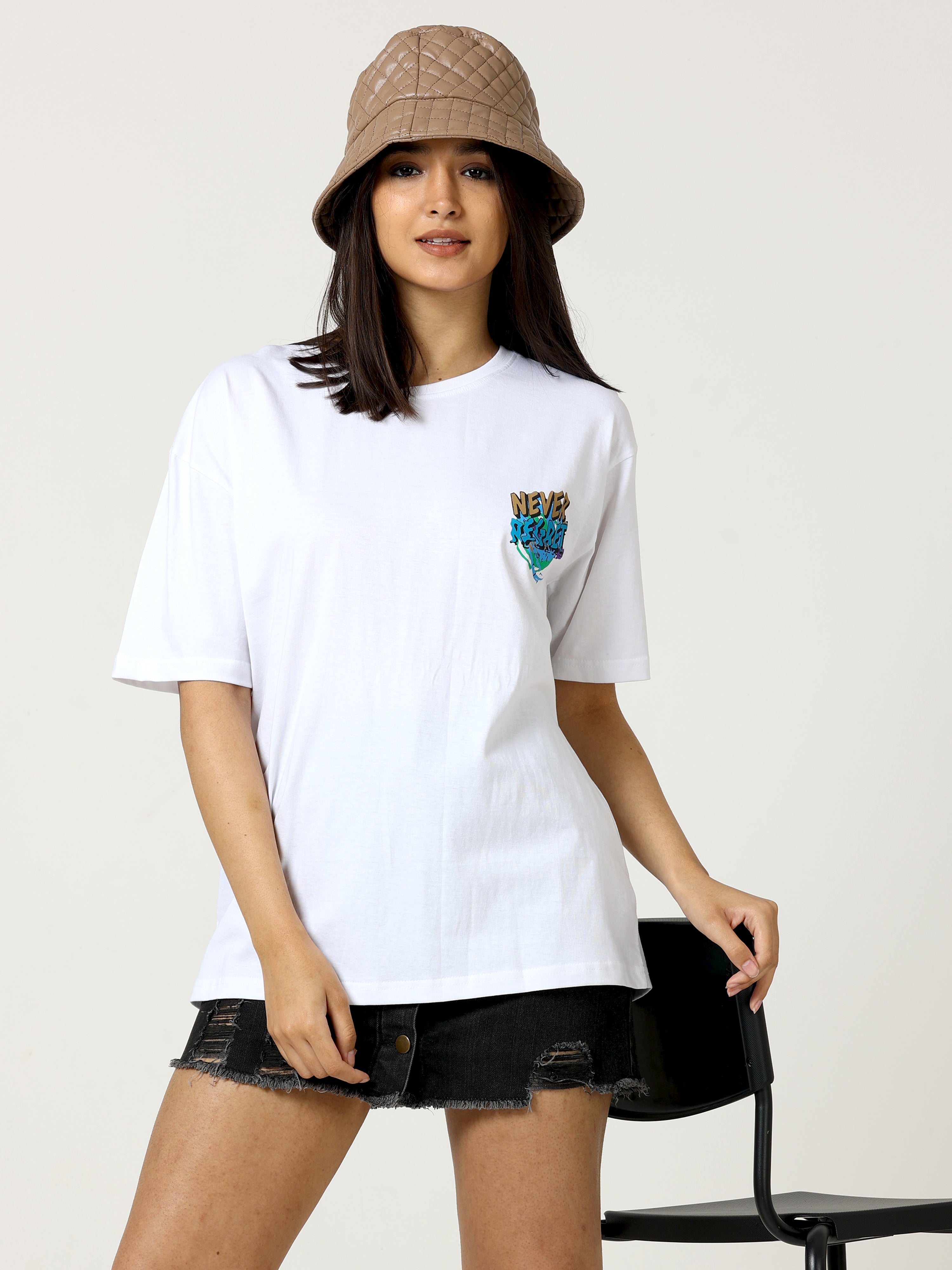 White Never Regret Printed Oversized T-shirt - UNISEX