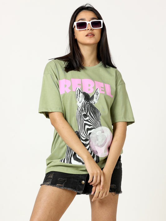 Sea Green Rebel Zebra Printed Oversized T-shirt - UNISEX
