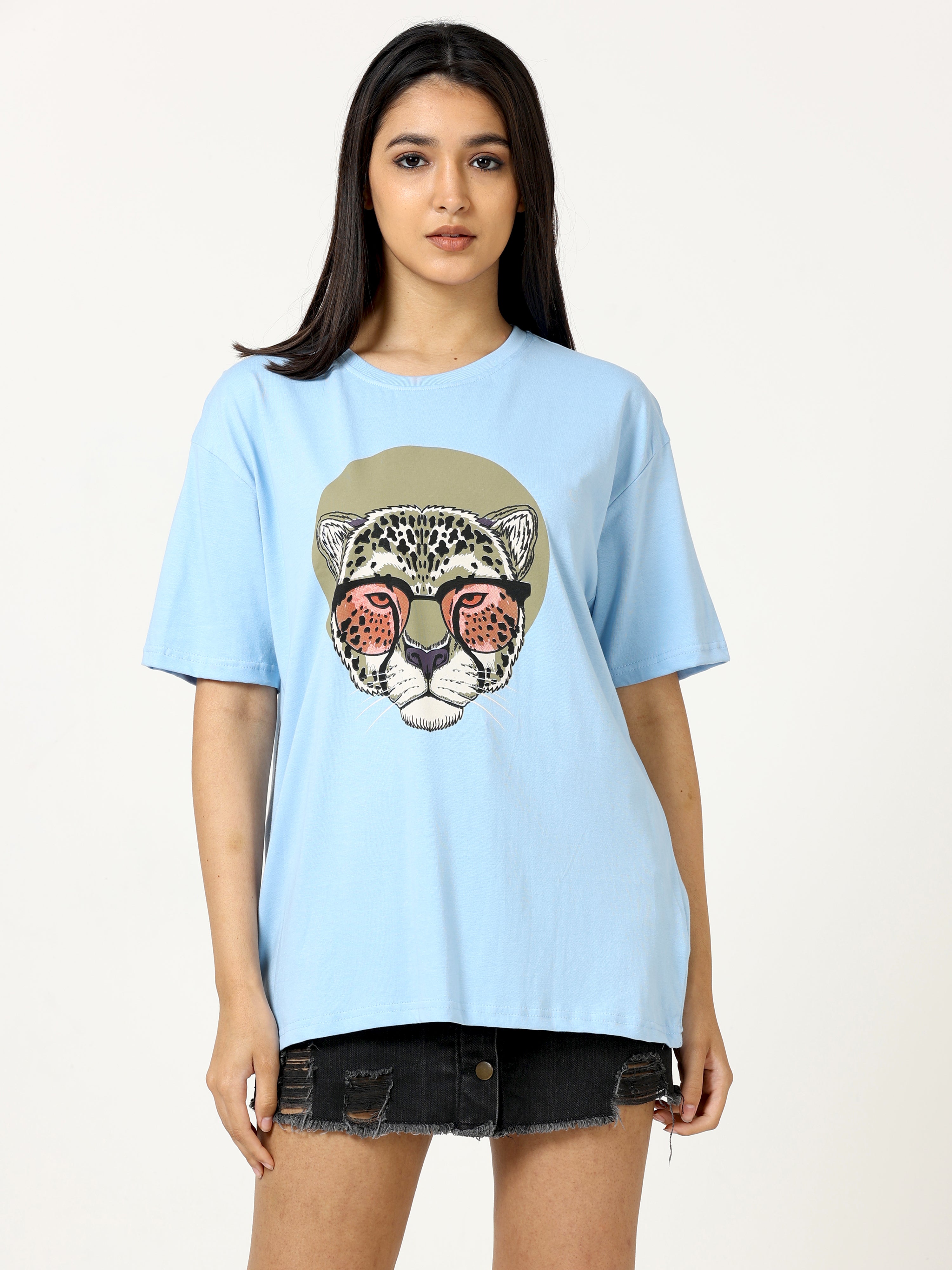 Light Blue Leopard Face Printed Oversized T-shirt - UNISEX