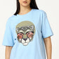 Light Blue Leopard Face Printed Oversized T-shirt - UNISEX