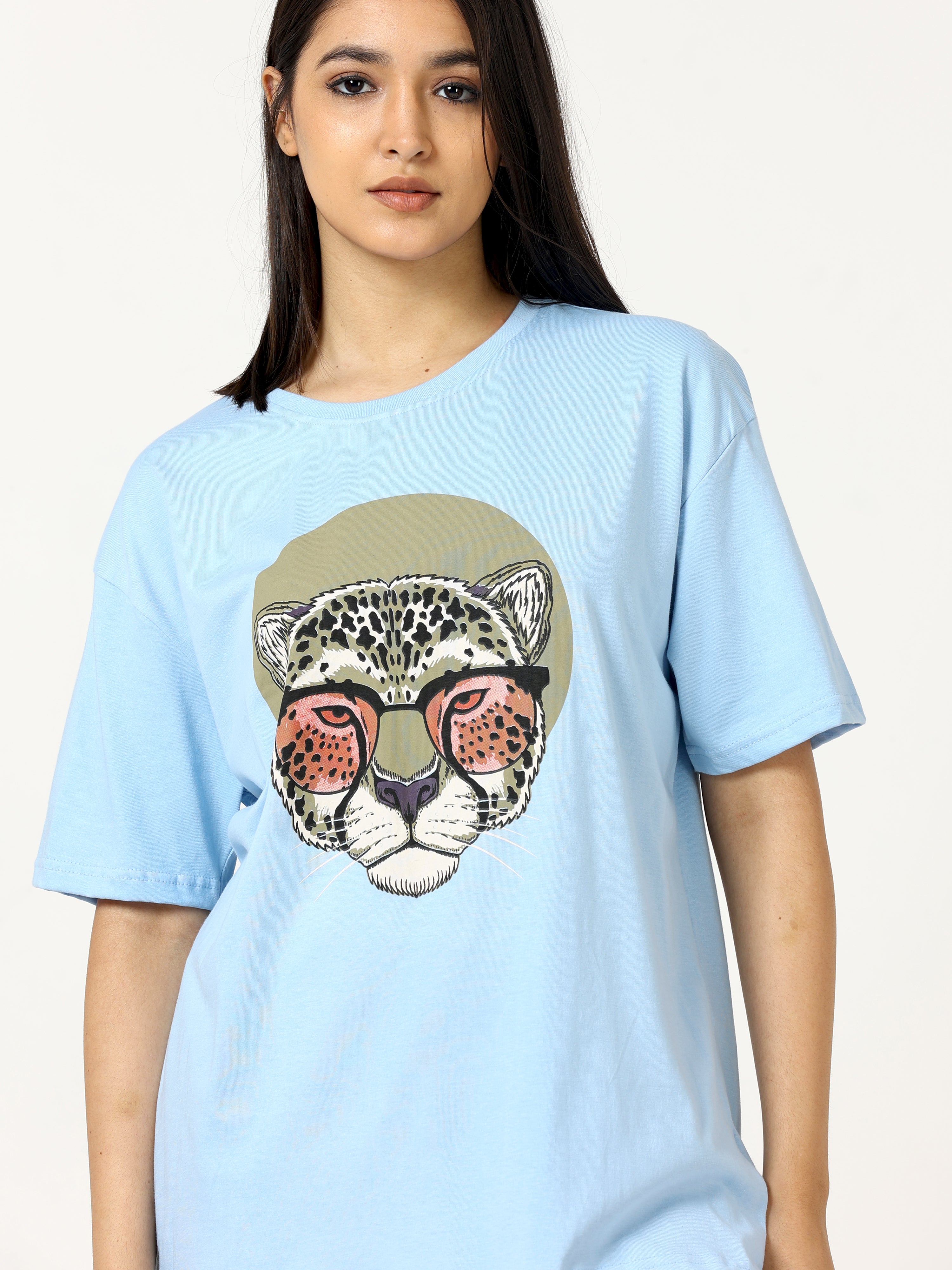 Light Blue Leopard Face Printed Oversized T-shirt - UNISEX