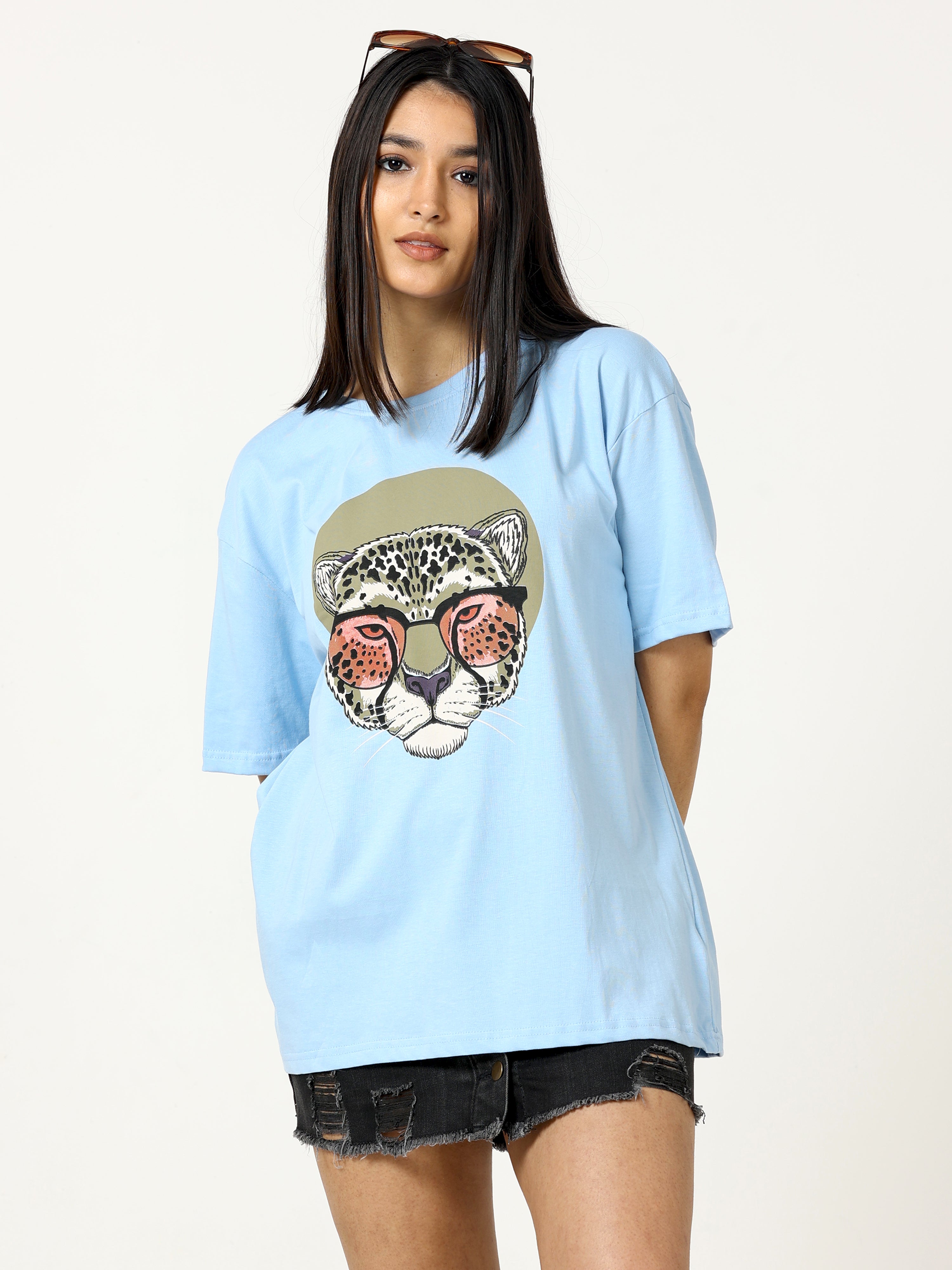 Light Blue Leopard Face Printed Oversized T-shirt - UNISEX