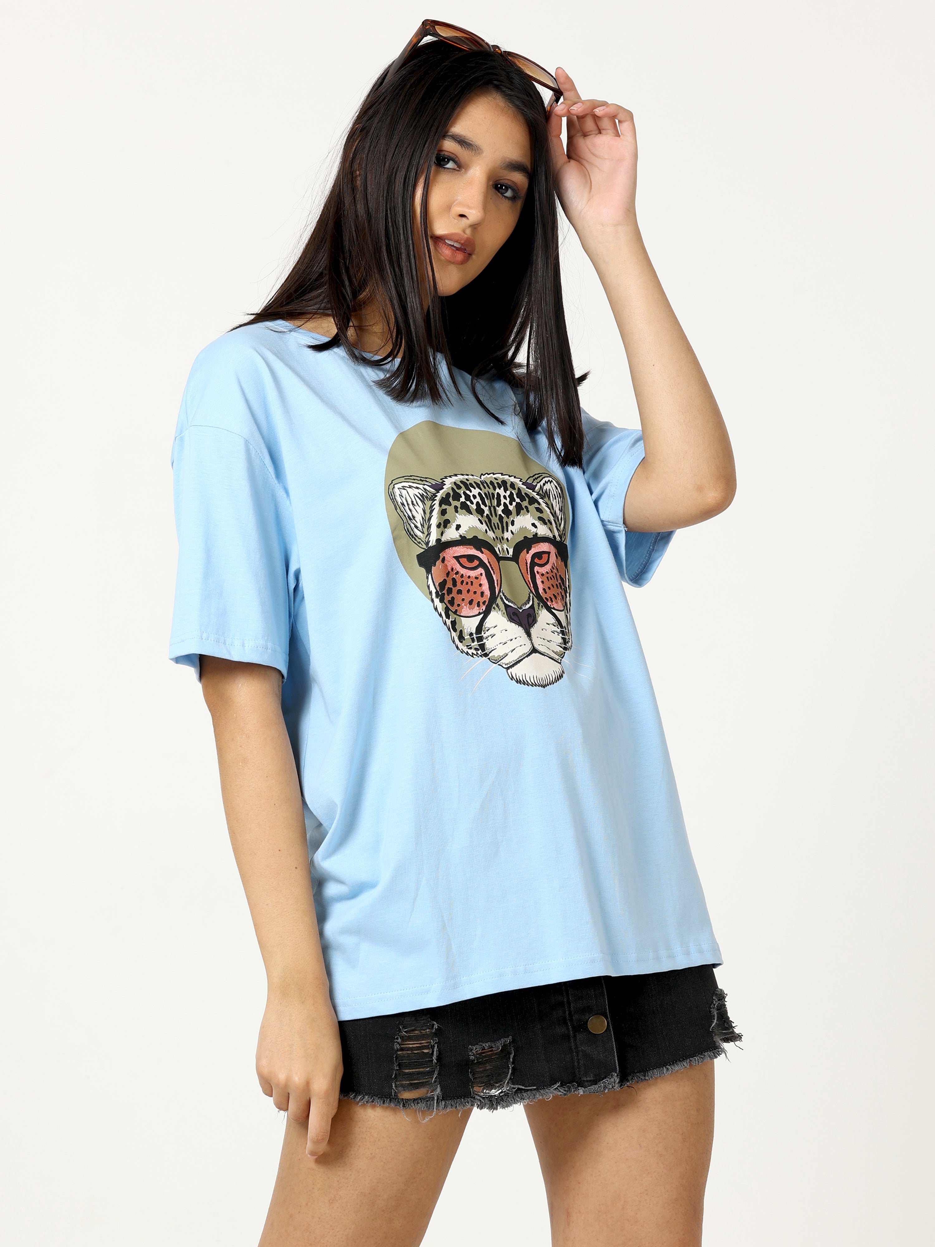 Light Blue Leopard Face Printed Oversized T-shirt - UNISEX