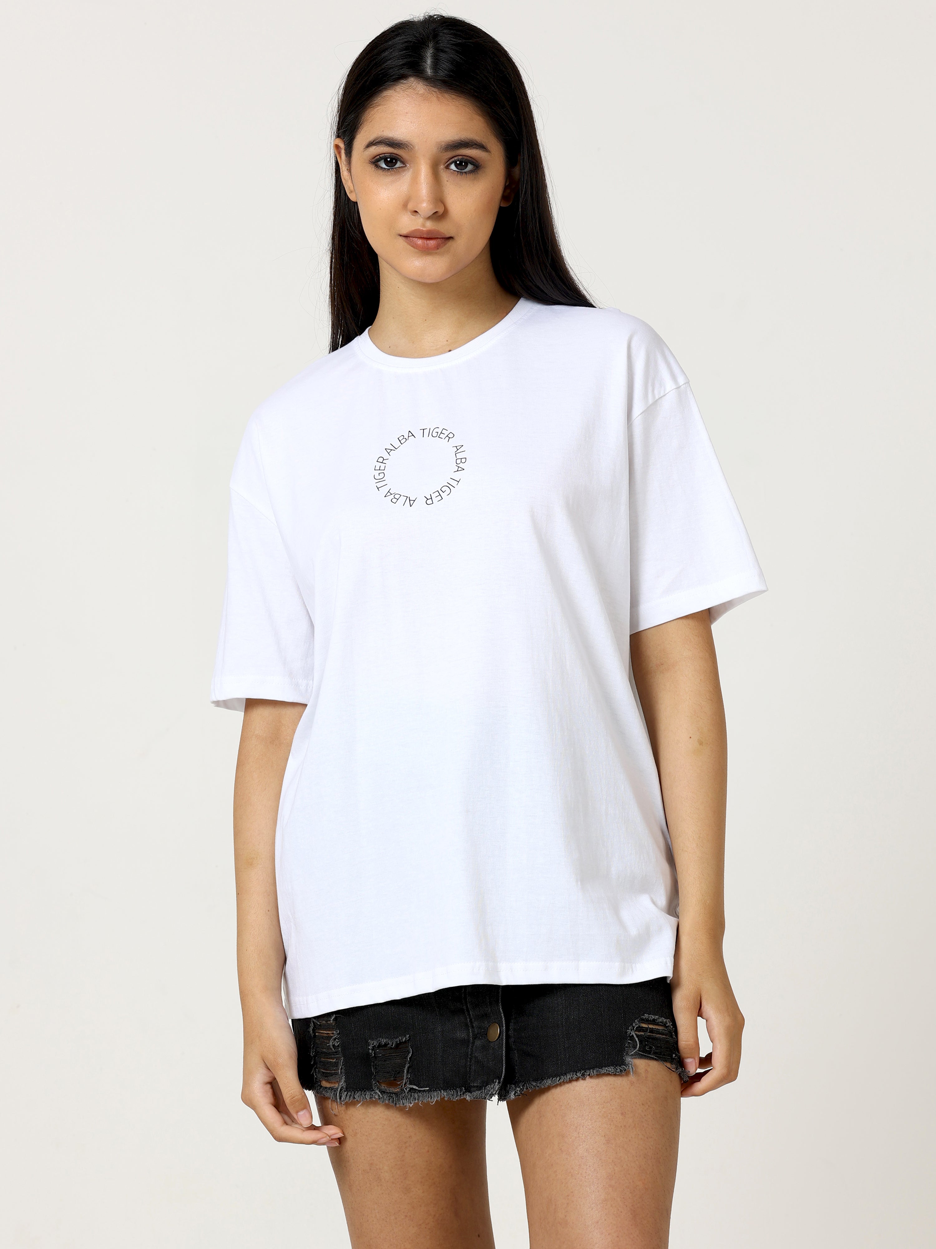 White Love Alba Back tiger Printed Oversized T-shirt - UNISEX