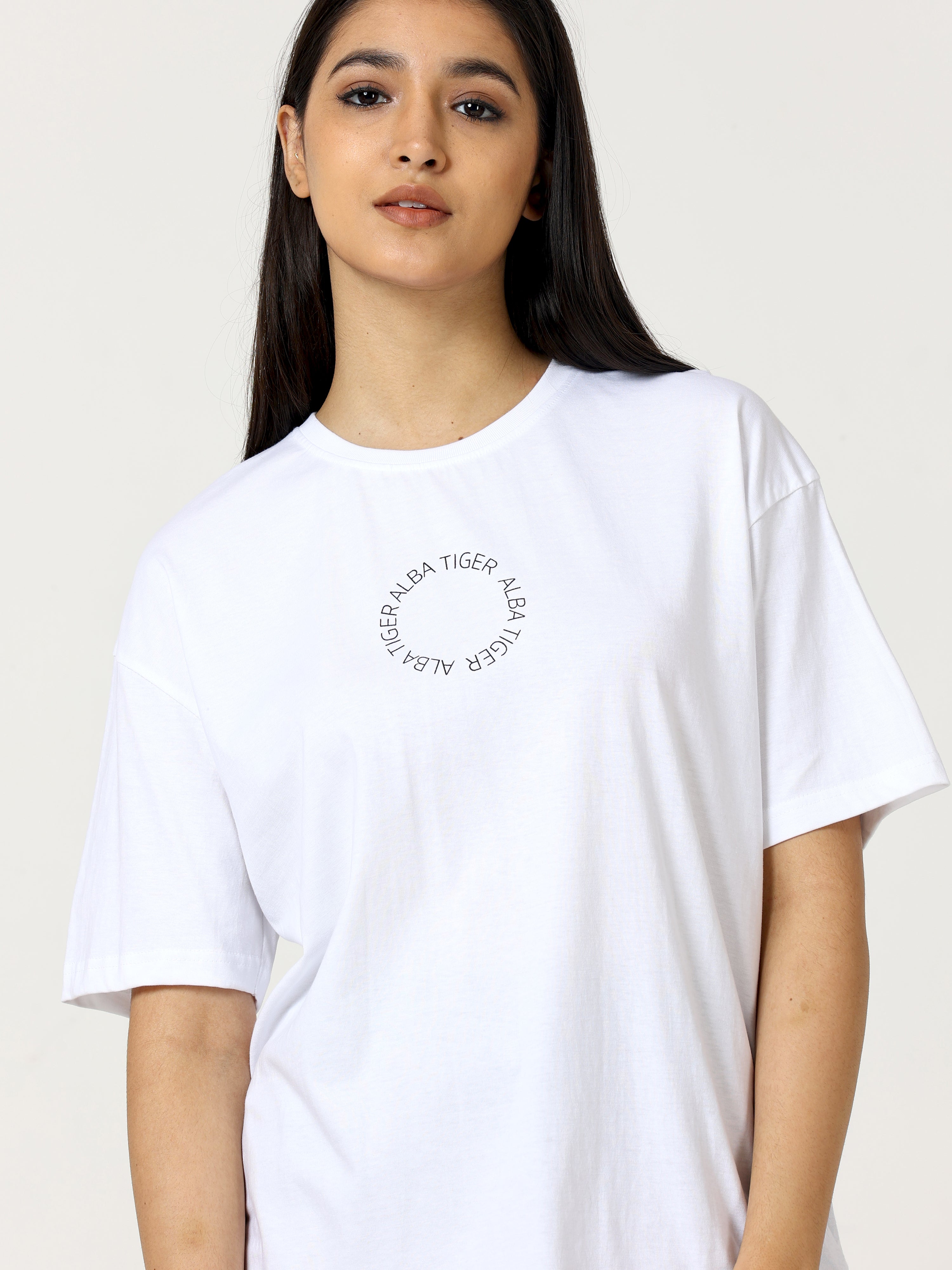 White Love Alba Back tiger Printed Oversized T-shirt - UNISEX